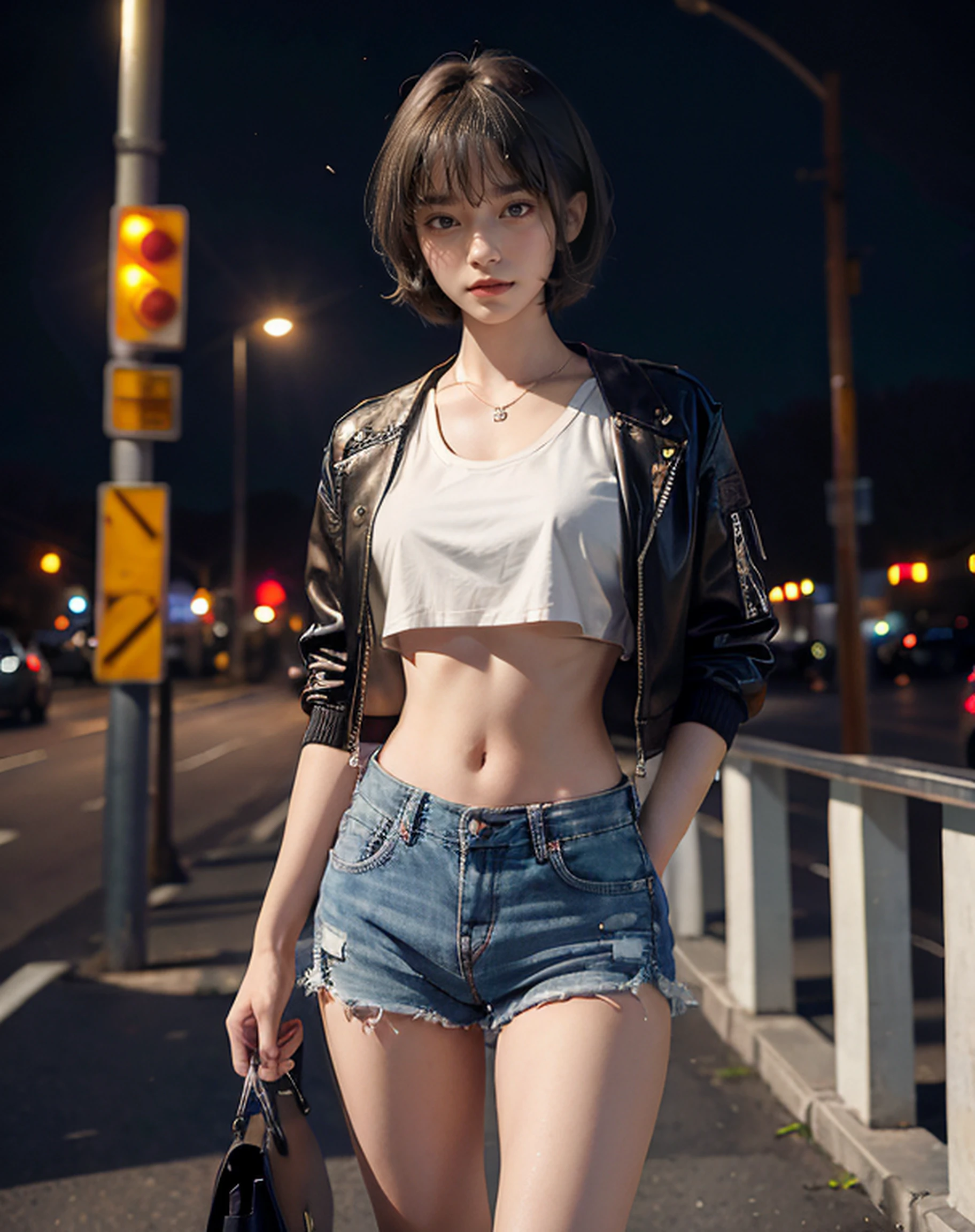 ,Masterpiece,Girl:1.1,solo,bangs,short hair,(beautiful),(crop top,jacket),shorts,detailed,detailed, (realistic shadow),colorful,(expressionless),sexy body,full body,18 years old, extremely small breast:1.6,moon light,cinematic lighting,highly detail CG illustration,(exposed body:1.2),see-through,crowd, sidewalk:1.2