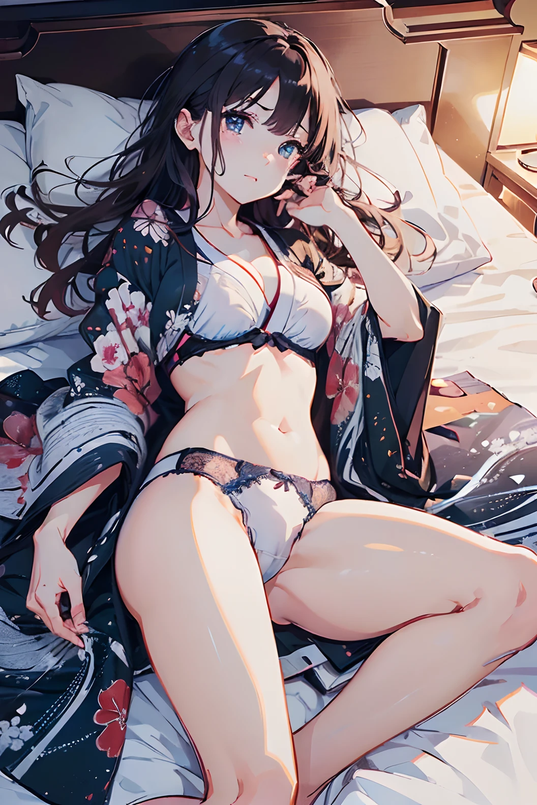 (((​master piece:1.4))),(hyper quality:1.5), Hyper Detailed,Perfect drawing,。.。.3D,8K Illustration、(((clearface)))、Hi-Res、japanes、1 persons、adult lady、Beautiful skins、rous hair、(lying on the bed), ((Dynamic Angle))、(((beautiful kimonos)))、((Luxury underwear))、(((Beautiful underwear)))、Japan background、nice background、((beatiful backgrounds))、(((Detailed drawing)))、Perfect Beautiful Girl、((Perfect Photo))、((emotional))、((Luxury))、spot light