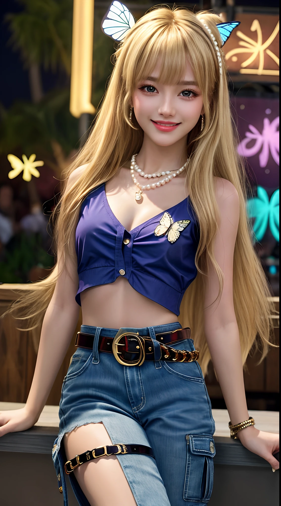 8K, Best Quality, Masterpiece: 1.2) , Super Detail, 1 Girl, party vibe, party atmosphere, lively party atmosphere, beautiful smile, Small Tits, Small Beautiful Detail Eyes , Night, girl wearing butterfly top, wearing Cargo Pants, wearing Logo-buckle Belt, pearl necklace, blonde long hair with bangs