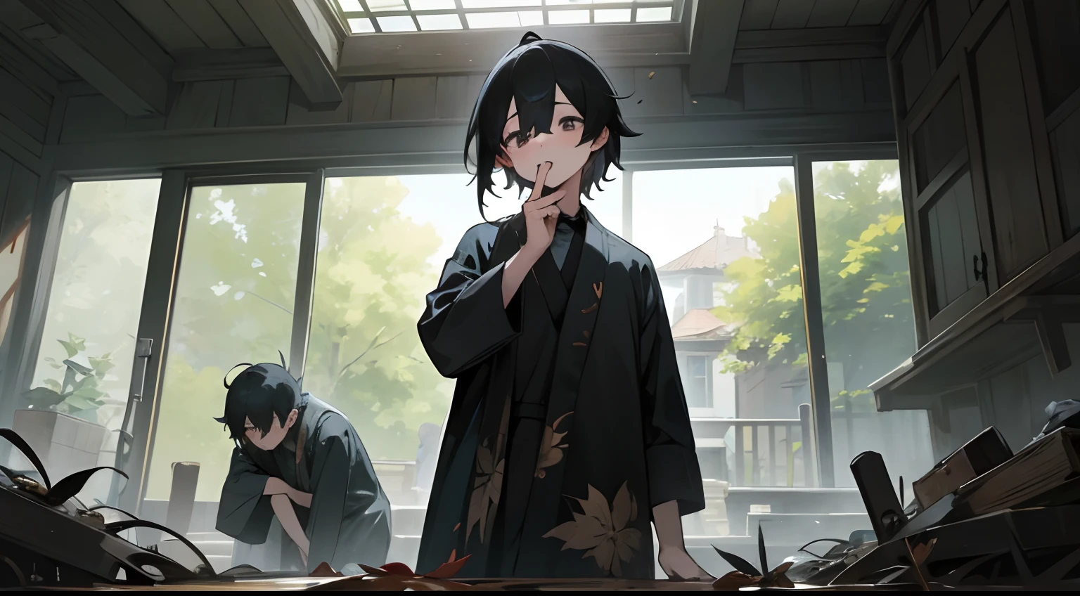 Libido boy,(Libido boy:1.2),Short black messy hair,had his hands folded,standing on your feet,Two doppelgangers,Yard full of fallen leaves,Dilapidated house,Masterpiece,Best quality,超细节的,Broad perspectives,comic strip,photorealestic,illustration,Renderer,illustration,Matsuki,(Long-range shooting:1.2),Dissection is correct