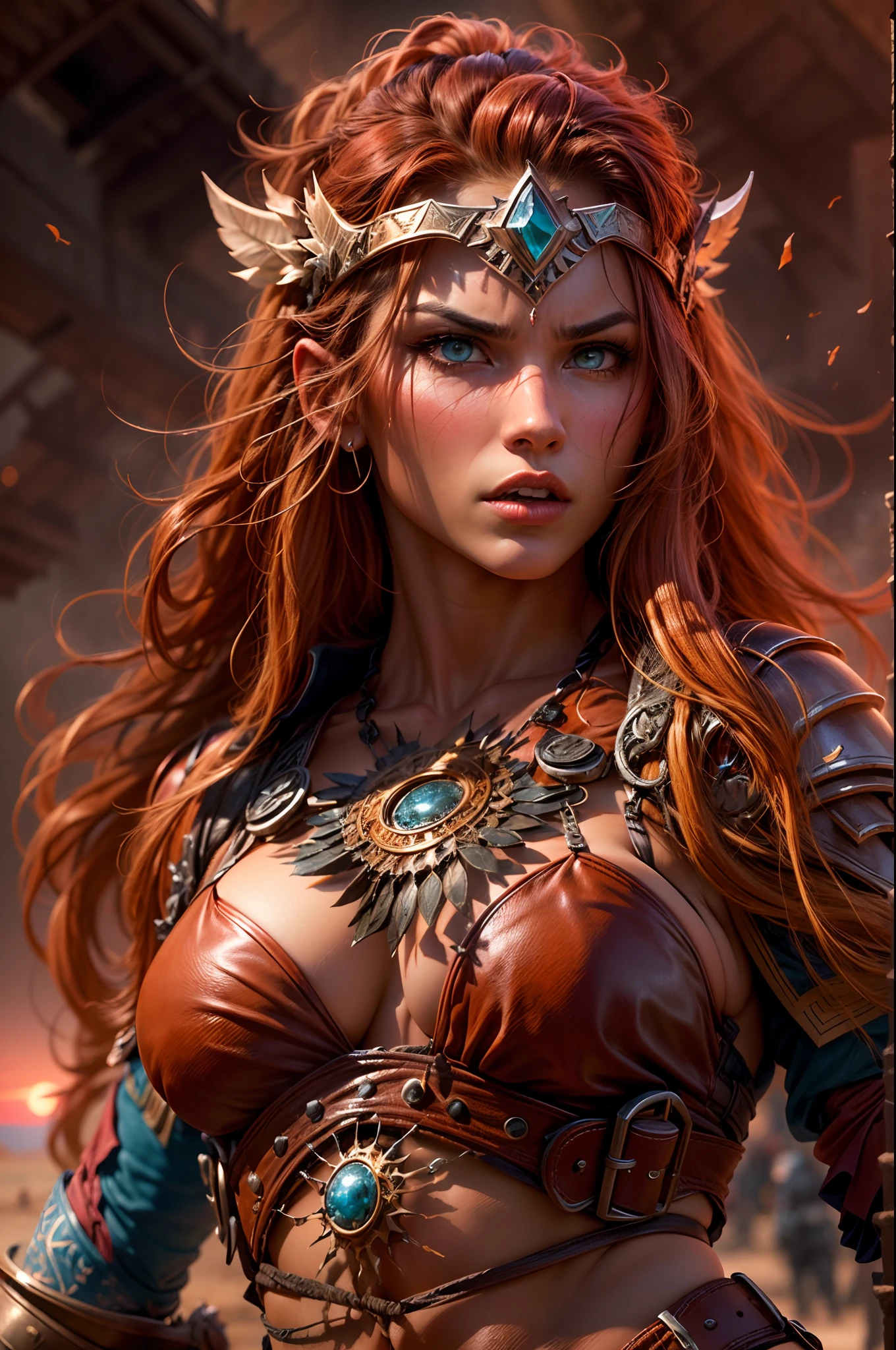 (best quality,highres,realistic:1.2),detailed red long flowing hair,(beautiful,detailed:1.1) face with piercing blue eyes, (voluptuous,fit:1.1) body with well-defined muscular arms and legs, (fierce:1.1) expression, (confident:1.1) posture, (fierce:0.9) and provocative pose, (strong and powerful:1.1),(leather, revealing:1.2) barbarian outfit, (intricate, detailed:1.1) armor with tribal patterns, (weapon:1.1) in hand, standing in a desert landscape, (sandy, vast:1.1), (harsh:1.1) lighting with a warm sunset glow, (dramatic:1.1) shadows emphasizing her physique, (intense:1.1) and vibrant colors, showing her (fierce:0.9) nature and (dominant:1.1) presence, (dangerous:1.1) aura, (adventurous:1.1) atmosphere, (fantasy:1.1) setting, (epic:1.1) and (powerful:1.1), evoking a sense of (freedom:1.1) and (strength:1.1).