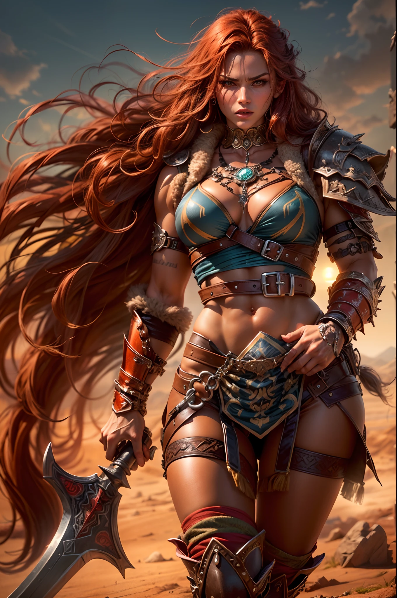 (best quality,highres,realistic:1.2),detailed red long flowing hair,(beautiful,detailed:1.1) face with piercing blue eyes, (voluptuous,fit:1.1) body with well-defined muscular arms and legs, (fierce:1.1) expression, (confident:1.1) posture, (fierce:0.9) and provocative pose, (strong and powerful:1.1),(leather, revealing:1.2) barbarian outfit, (intricate, detailed:1.1) armor with tribal patterns, (weapon:1.1) in hand, standing in a desert landscape, (sandy, vast:1.1), (harsh:1.1) lighting with a warm sunset glow, (dramatic:1.1) shadows emphasizing her physique, (intense:1.1) and vibrant colors, showing her (fierce:0.9) nature and (dominant:1.1) presence, (dangerous:1.1) aura, (adventurous:1.1) atmosphere, (fantasy:1.1) setting, (epic:1.1) and (powerful:1.1), evoking a sense of (freedom:1.1) and (strength:1.1).