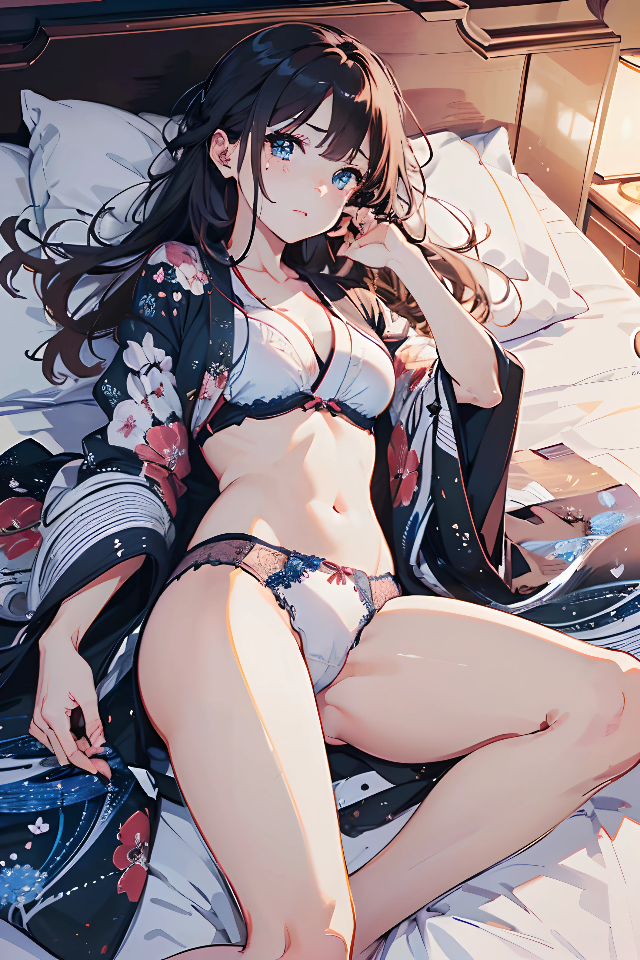 (((master piece:1.4))),(hyper quality:1.5), Hyper Detailed,Perfect drawing,。.。.3D,8K Illustration、(((clearface)))、Hi-Res、japanes、1 persons、adult lady、Beautiful skins、Lustrous hair、(lying on the bed), ((Dynamic Angle))、(((beautiful kimonos)))、((Luxury underwear))、(((Beautiful underwear)))、Japan background、nice background、((beatiful backgrounds))、(((Detailed drawing)))、Perfect Beautiful Girl、((Perfect Photo))、((emotional))、((Luxury))、spot light