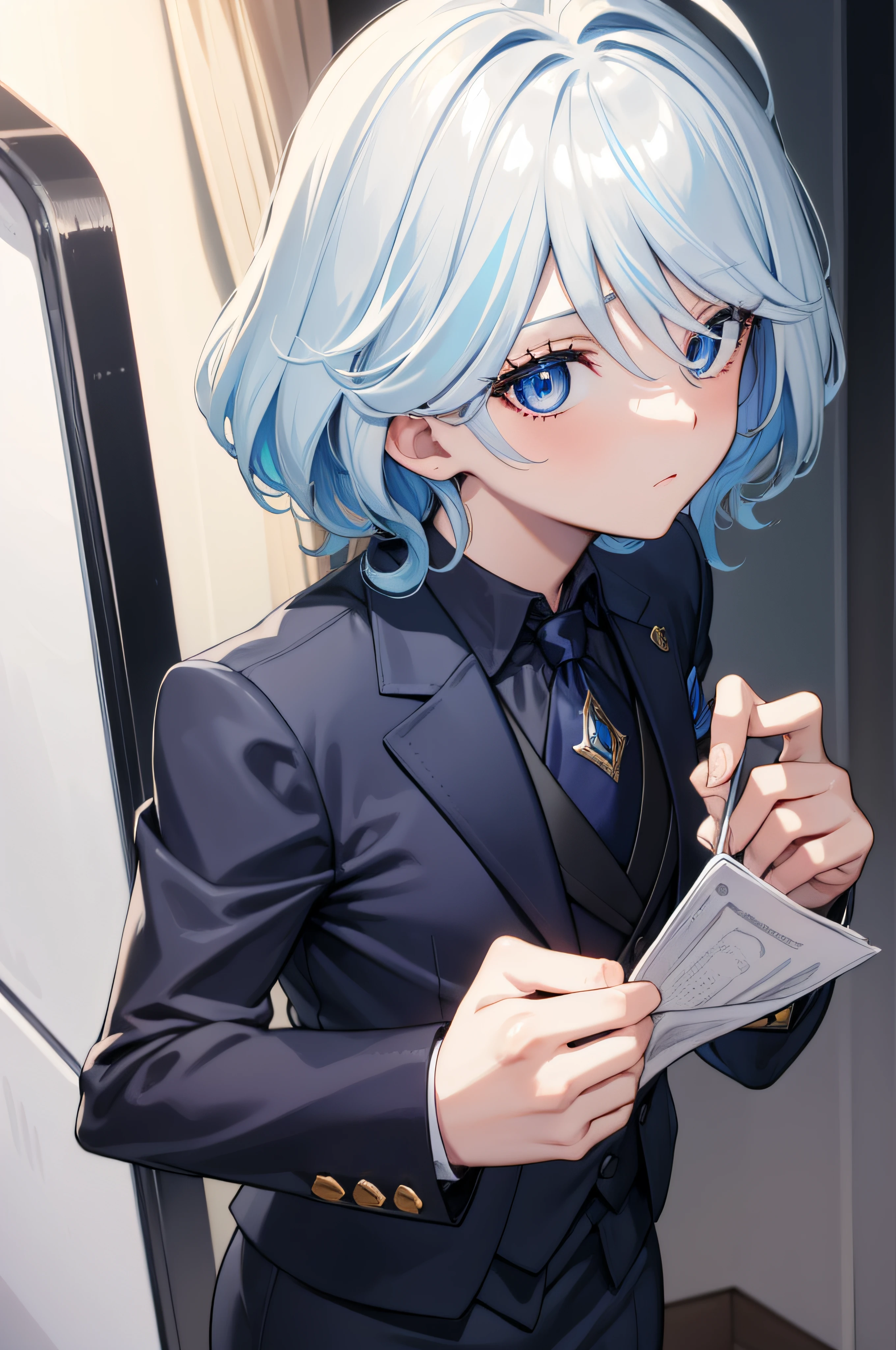 furina, furina, blue eyes, blue hair, cowlick, ahoge, hair over one eye, light blue hair, short hair,
BREAK asymmetrical gloves, black gloves, skirt suit, (((three-piece suit))), (((necktie))), dress shirt, shirt collar, blazer, (((suit jacket))), (((waistcoat))), double-breasted waistcoat, bodycon miniskirt, pencil skirt,
BREAK looking at viewer,
BREAK indoors,
BREAK (masterpiece:1.2), best quality, high resolution, unity 8k wallpaper, (illustration:0.8), (beautiful detailed eyes:1.6), extremely detailed face, perfect lighting, extremely detailed CG, (perfect hands, perfect anatomy),