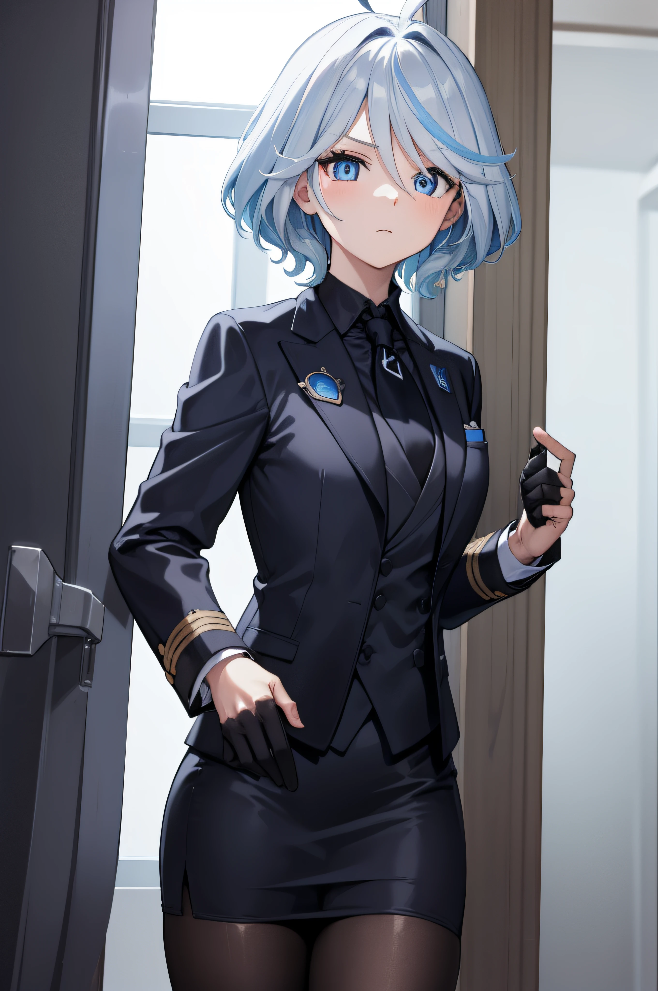 furina, furina, blue eyes, blue hair, cowlick, ahoge, hair over one eye, light blue hair, short hair,
BREAK asymmetrical gloves, black gloves, skirt suit, (((three-piece suit))), (((necktie))), dress shirt, shirt collar, blazer, (((suit jacket))), (((waistcoat))), double-breasted waistcoat, bodycon miniskirt, pencil skirt,
BREAK looking at viewer,
BREAK indoors,
BREAK (masterpiece:1.2), best quality, high resolution, unity 8k wallpaper, (illustration:0.8), (beautiful detailed eyes:1.6), extremely detailed face, perfect lighting, extremely detailed CG, (perfect hands, perfect anatomy),