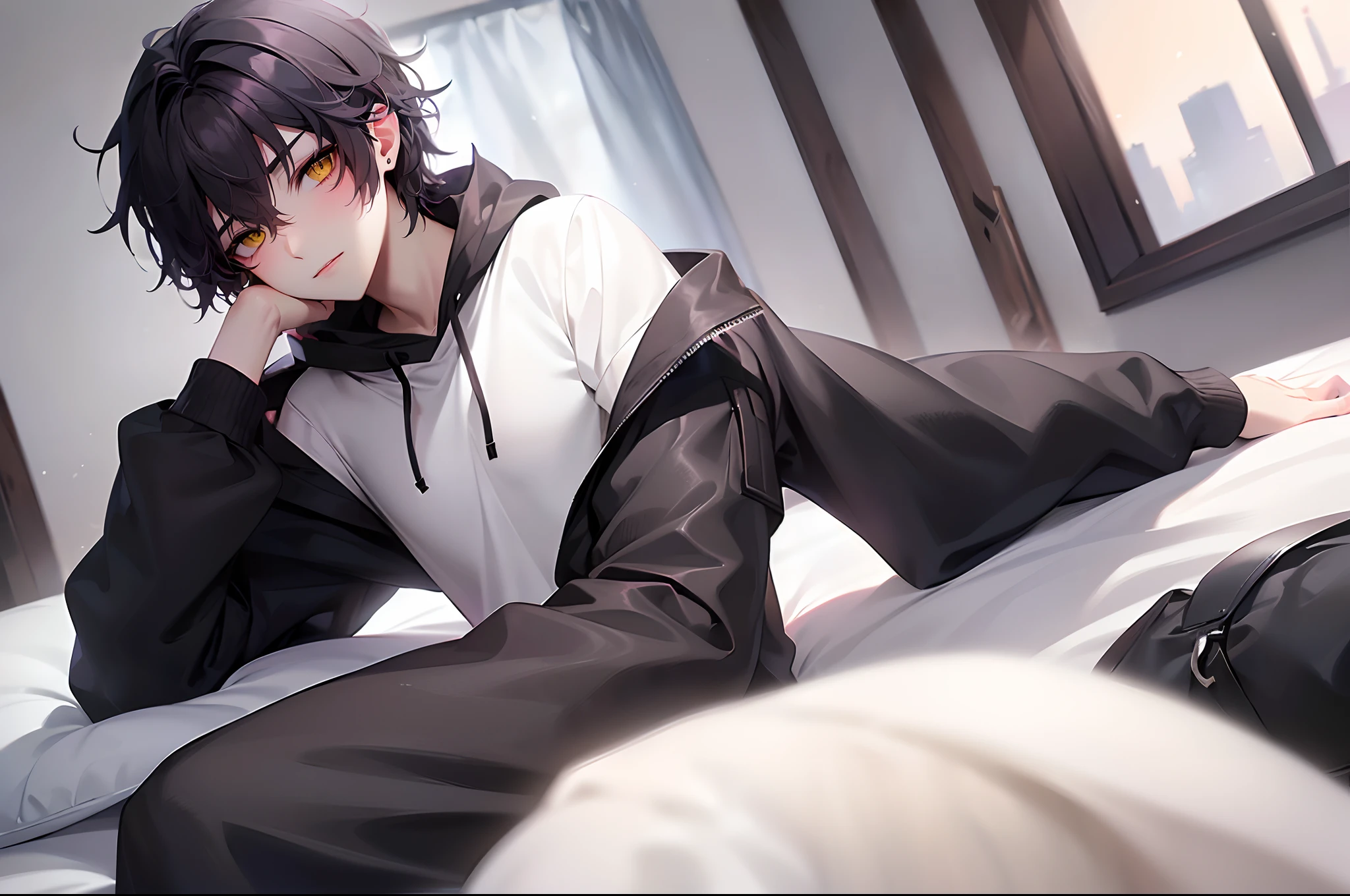 (4K works))、masterpiece、(top-quality)、((Late night bedroom))、mid night、In the bedroom of a man at midnight、((Window with a view of the starry sky))、((I can see the dark sky from the window))、((dark ilumination))、Korean Male、Adult male、((Adult male 26 years old))、((Face similar to Hyun Jin))、Cool Men、tall、((Sleepy face))、((Irritated face))、((Strong eyes))、((Wearing a white T-shirt and a black hooded jacket、Wearing long black pants))、((Wear a black mask))、((smaller face))、Slim body、((lying down with your head on the pillow))、((hooligan))、((Black black hair))、((Yellow eyes))、((shot from a side angle))、((lying on one's side))、((Shot alone))、((Solo Photography))