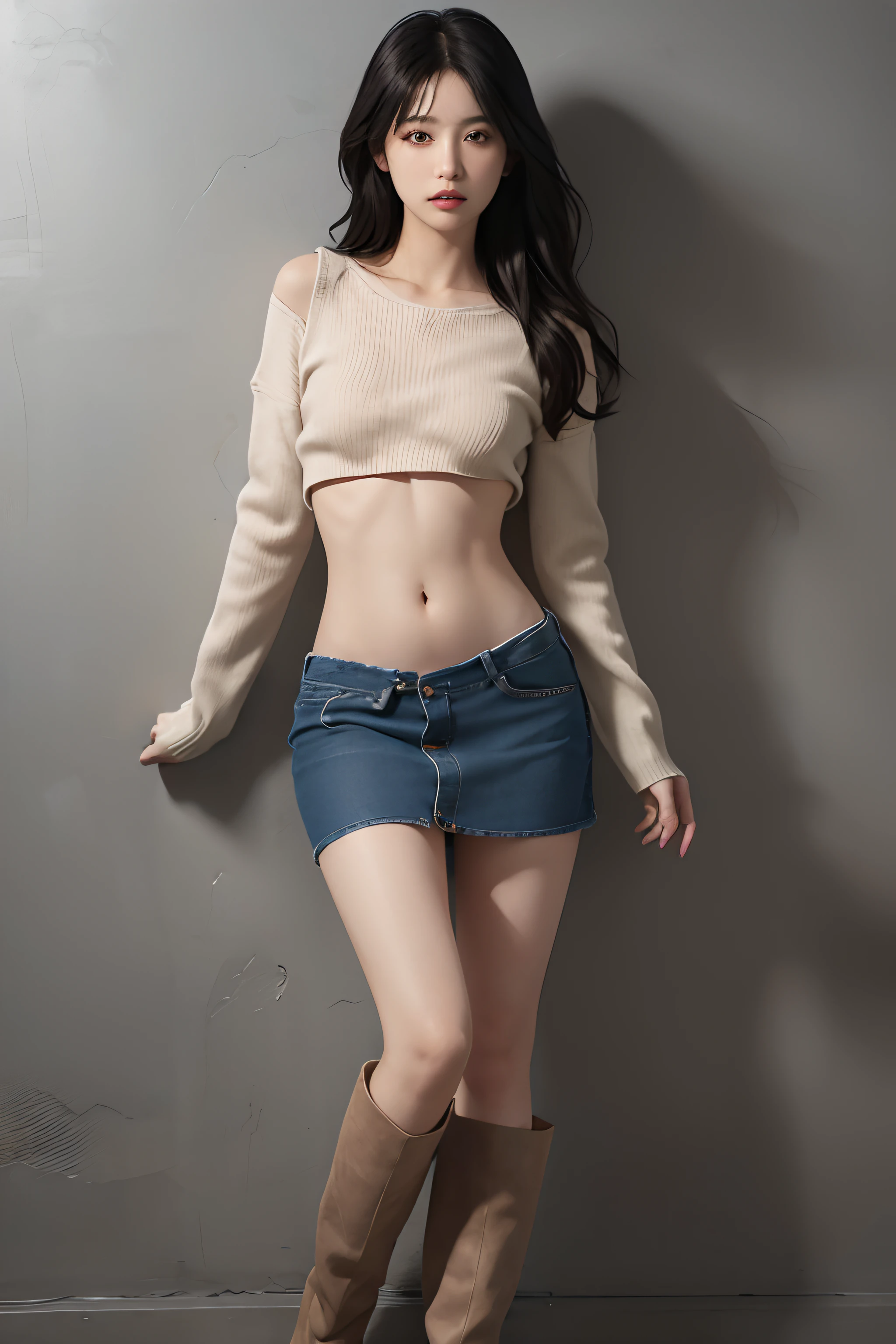 1girl in,Solo,,Realistic,fullllbody,Black hair,Long hair,Black eyes,Lips,Parted lips,Portrait,Nose,Best Quality,masutepiece,超A high resolution,(Photorealistic:1.4),Raw photo, ((wide open abdomen))、((open abdomen))、((wide open navel))、((open navel))、((Bare belly))、((Mid-Riff Sweater))、((Ultra-low rise、Denim Mini Skirt))、 ((Navel Ejection))、((small hips))、((Full body depiction))、((small  hip))、(long boots)、((Ultra-low rise))、 ((Denim Mini Skirt))、((is standing))、