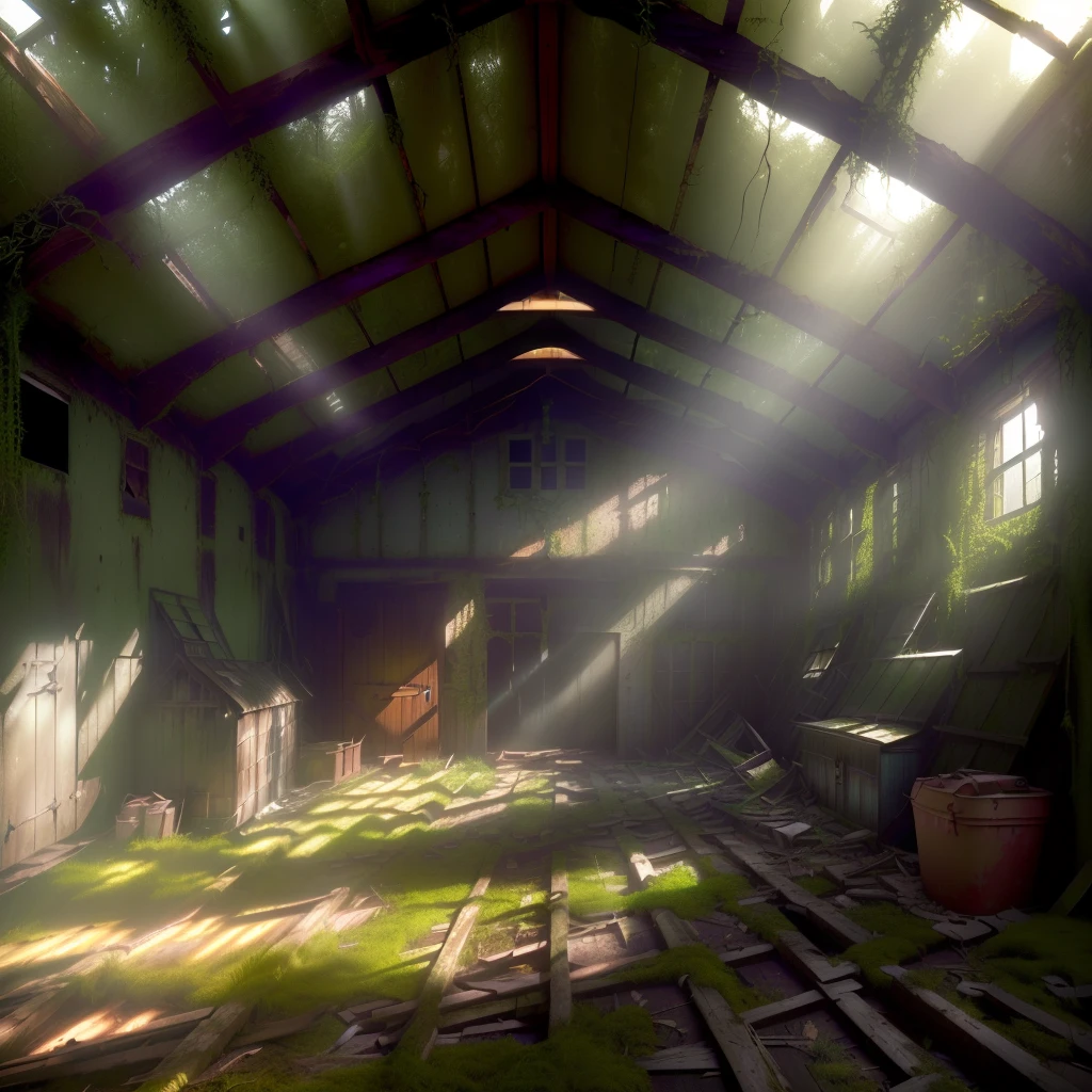 An abandoned shed, broken roof, divine light streaming through the hole, (best quality, highres, realistic:1.37), ultra-detailed, (portraits, landscape), (dark and moody, desaturated tones), (soft rays of light, dramatic shadows), (moss-covered walls, overgrown vines), (rusty tools scattered on the floor), (forgotten objects, cobwebs), solitary and eerie atmosphere.