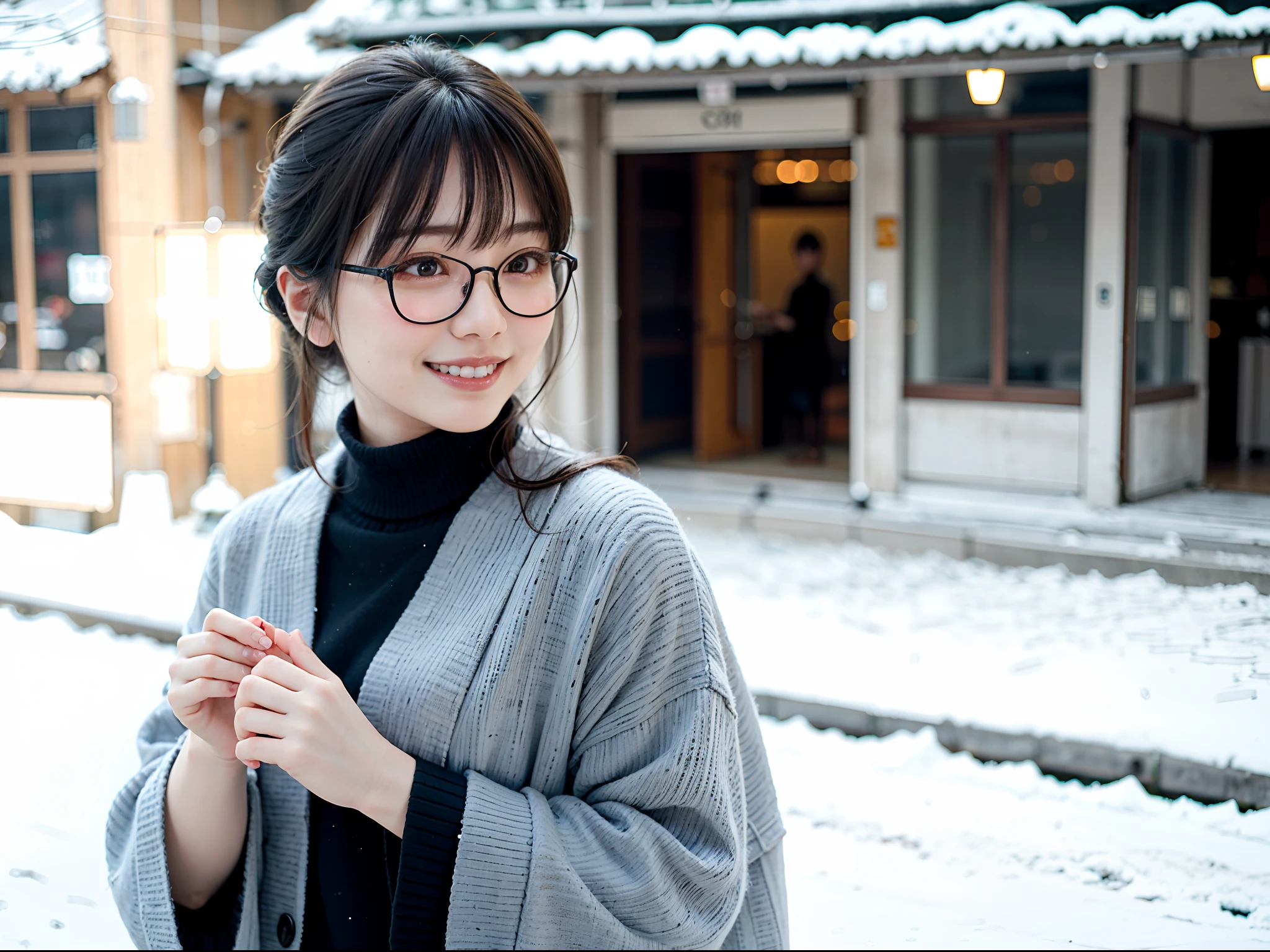 Woman posing in long coat in Japan city in midwinter、top-quality、女の子 1 人、Small chest、tag、with light glowing、blur backgroun、Bokeh、outside of house、(Street:0.8)、Woman with glasses、Glasses with a thin frame、Round lens glasses、Thin golden glasses frame、、Luxury(Short hair、Forehead:1.2)、snowscape、Beautiful sky with details、(dynamicposes:1.2)、 (The upper part of the body:0.5)、Soft lighting、the wind、glowy skin、A smile、Long coat over sweater