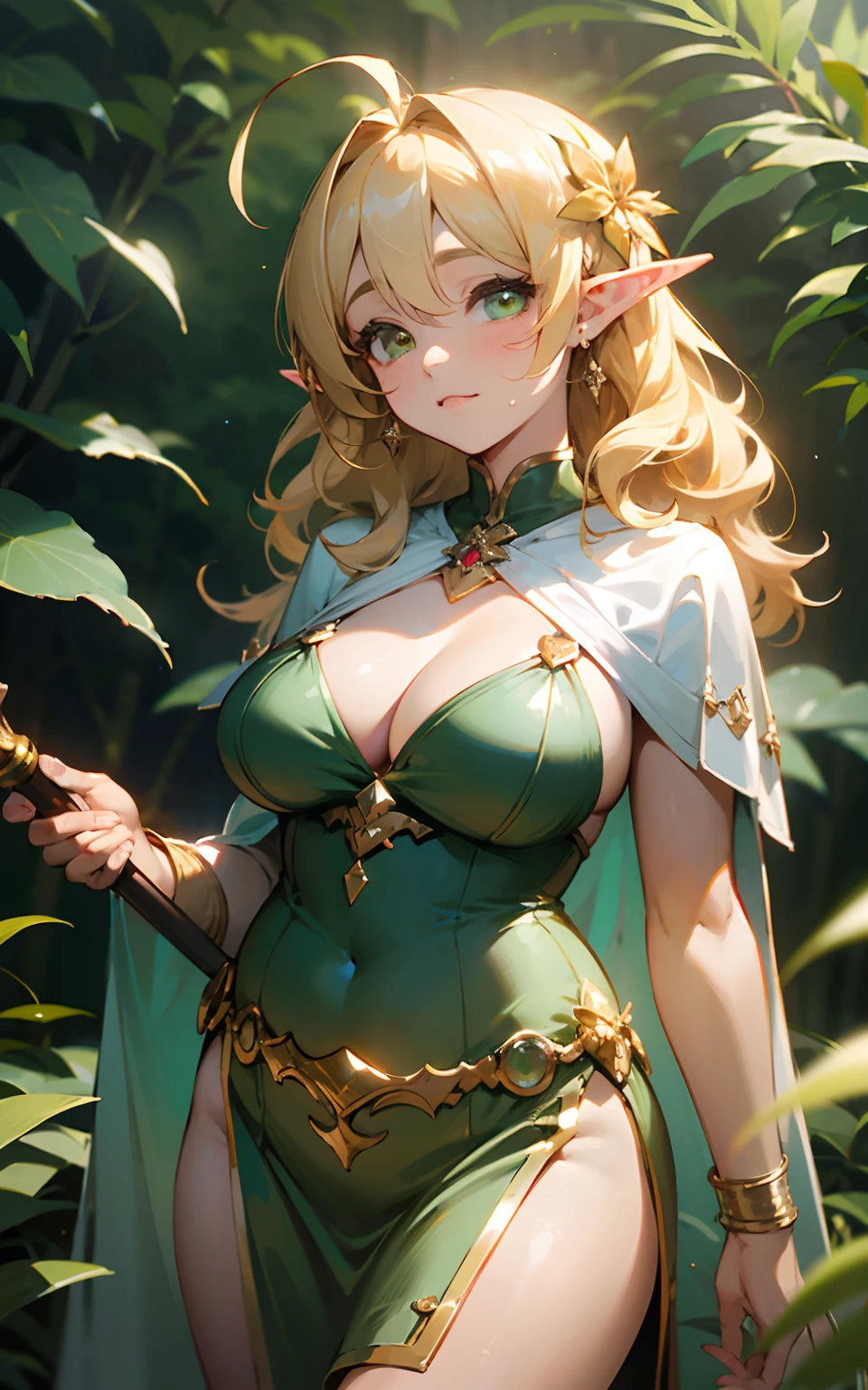 (Original Character、Unity 16K Wallpaper, masutepiece, Best Quality, Ultra-detailed, extremely details CG, Caustics, Cinematic lighting, Detailed, Beautiful detailed eyes, Solo、Oily skin), Ultra High Resolution, Fine skin, (elf, Plump), (strong lights)、((Brighten the subject))、e 8-yead elfg breasts:1.4、Shiny valley、de pele branca、green colored eyes、Blonde short wavy hair、Ahoge、Long sideburns:1.4 、Gold hair ornament、Crystal Earrings、Revealing green long dress、Gold Accessories、White cloak、Gold Accessories、Brown sandals、Holding a wand、in woods、