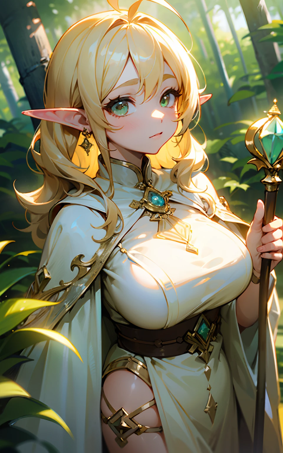 (Original Character、Unity 16K Wallpaper, masutepiece, Best Quality, Ultra-detailed, extremely details CG, Caustics, Cinematic lighting, Detailed, Beautiful detailed eyes, Solo、Oily skin), Ultra High Resolution, Fine skin, (elf, Plump), (strong lights)、((Brighten the subject))、Cute Elf、big breasts:1.4、Shiny valley、de pele branca、Glitter green eyes、Large sagging eyes、Blonde short wavy hair、Ahoge、Long sideburns:1.4 、Gold hair ornament、Crystal Earrings、Revealing green long dress、Gold Accessories、White cloak、Gold Accessories、Brown sandals、Holding a wand、in woods、