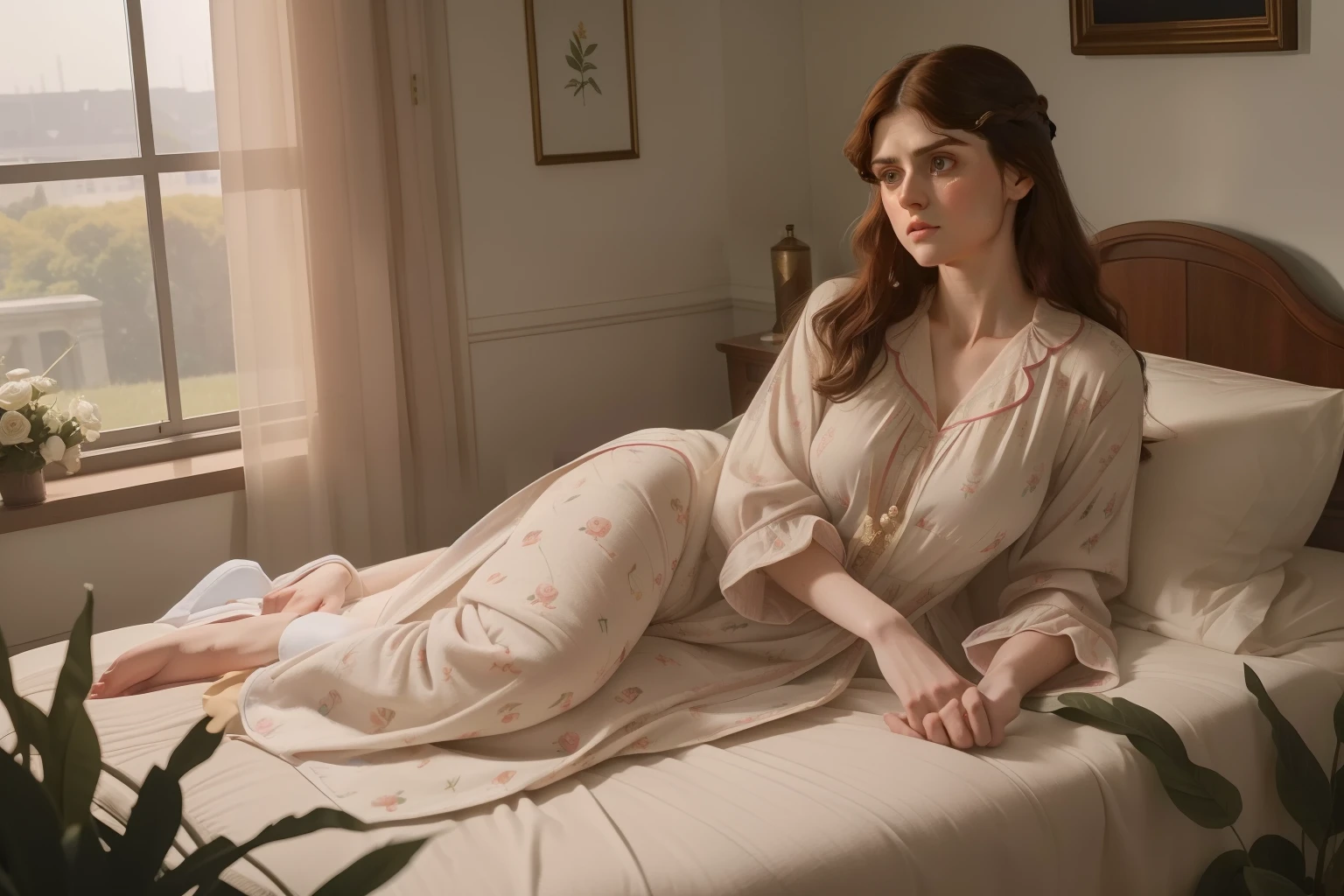 year: 2023. Location: England. Pre-Raphaelite scene with a 32-year-old Alexandra Daddario, hospital pyjammas, sad, crying, big tears, ((((Clothing from the 2020s)))) ((Hairstyle of the 2020s)), ((("OMITB" cinematography)))