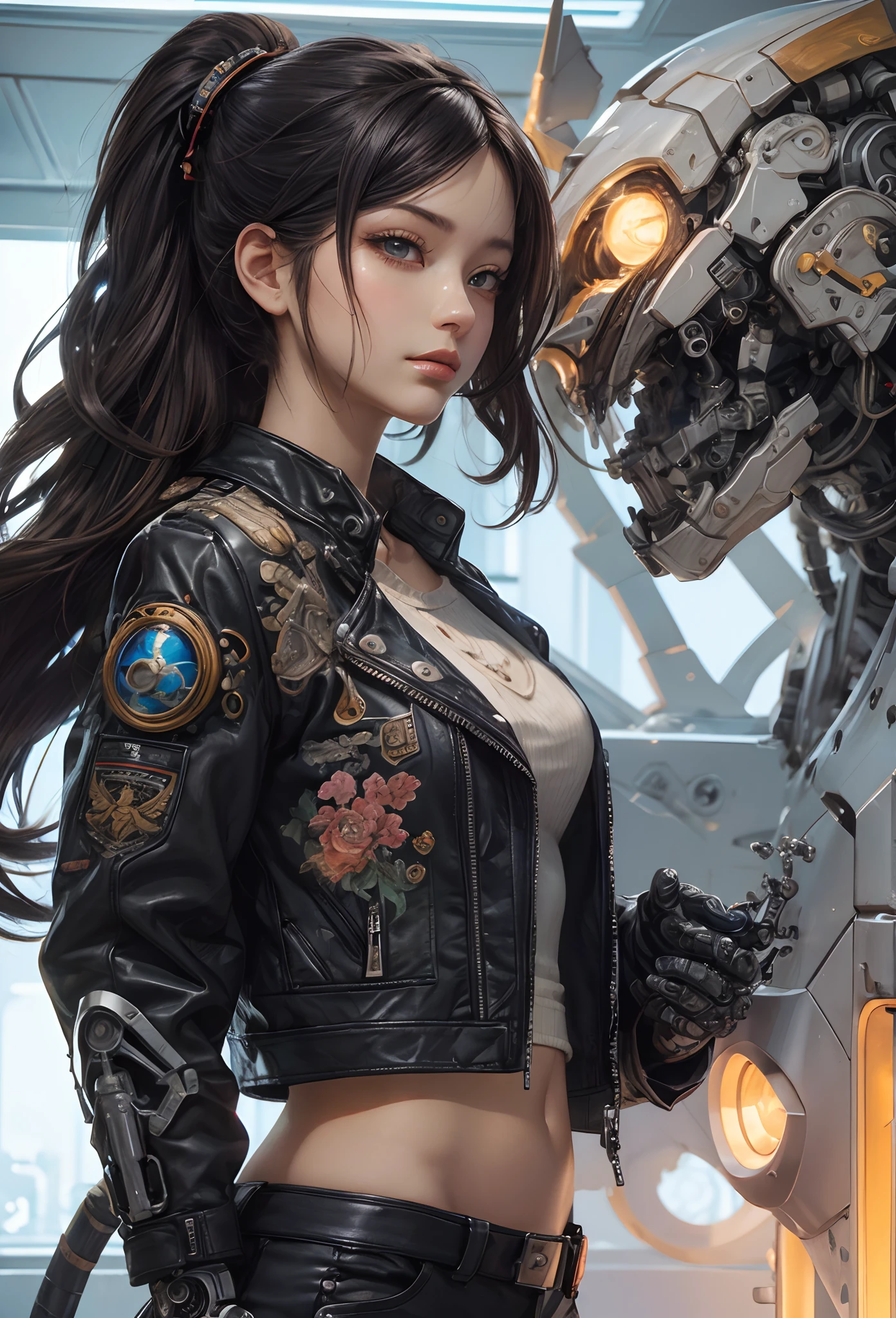 (Detailed illustrations,Very detailed and detailed drawing,Delicate lines with slow and rapid,Realistic texture expression),[Color tressed main line],[Briefing Room Background],([HENTAI] ANIME (JapaneseGirl (Beautiful fece) Cyborg ) [Wild Hair]) well-muscled [[KARATE]] Both arms of the machine [Built-in V8 engine:0.3],(Black leather jacket) ([a tiger] Translucent rubber inner) [Tiger Stripe],[[Chrome coating:0.5]],(Science Fiction Mechanical [Bioengineering]),(Intricate and beautiful decoration [Dense detail]),(Fine and beautiful skin expression [Transparency]),[Perfect eye details (Iris beautifully drawn in every detail)[Jewel-like eyes]],[long and beautiful eyelashes],[Meticulously drawn hair [More on beautiful and shiny hair]],(Perfect hand details [Beautiful fingers without breakdowns [Beautiful nails]]),(Perfect Anatomy (Perfectly proportioned)) [[Full body like]],[Ideal color coordination(Accurate simulation of light-material interactions)],(HighQuality,[Precision Detail] hight resolution,(detaileds,high-detail)),[Visual art that conveys a sense of narrative].