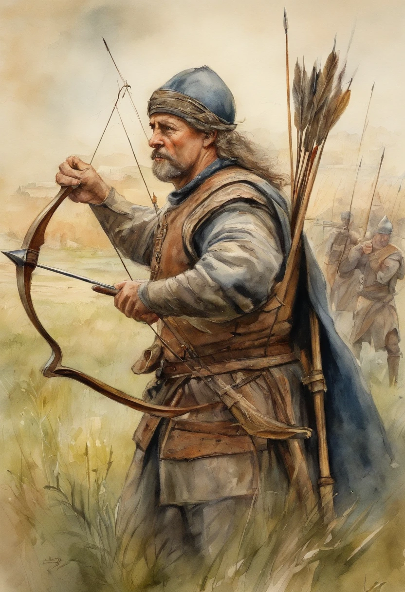Middle Ages style，English longbowmen，Armed with a bow and arrow，Draw a bow and shoot arrows，standing in grassy field