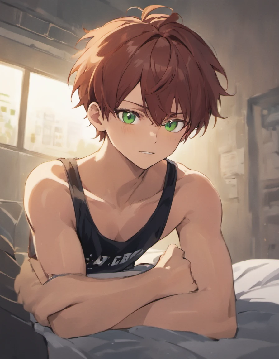 (masutepiece,Best Quality,Ultras_Detailed,hight resolution,absurderes),1boy, Male Focus, 20s with brown hair and green eyes. Medium tanned skin, a lot of freckles, Glasses. Fluffy dark brown hair, pierced ears. Strong appearance. Wear modern style clothes. at bedroom. Smile expression. masculine. A little frivolous. Wearing stud earrings, gray Tank top, and black sweatpants.