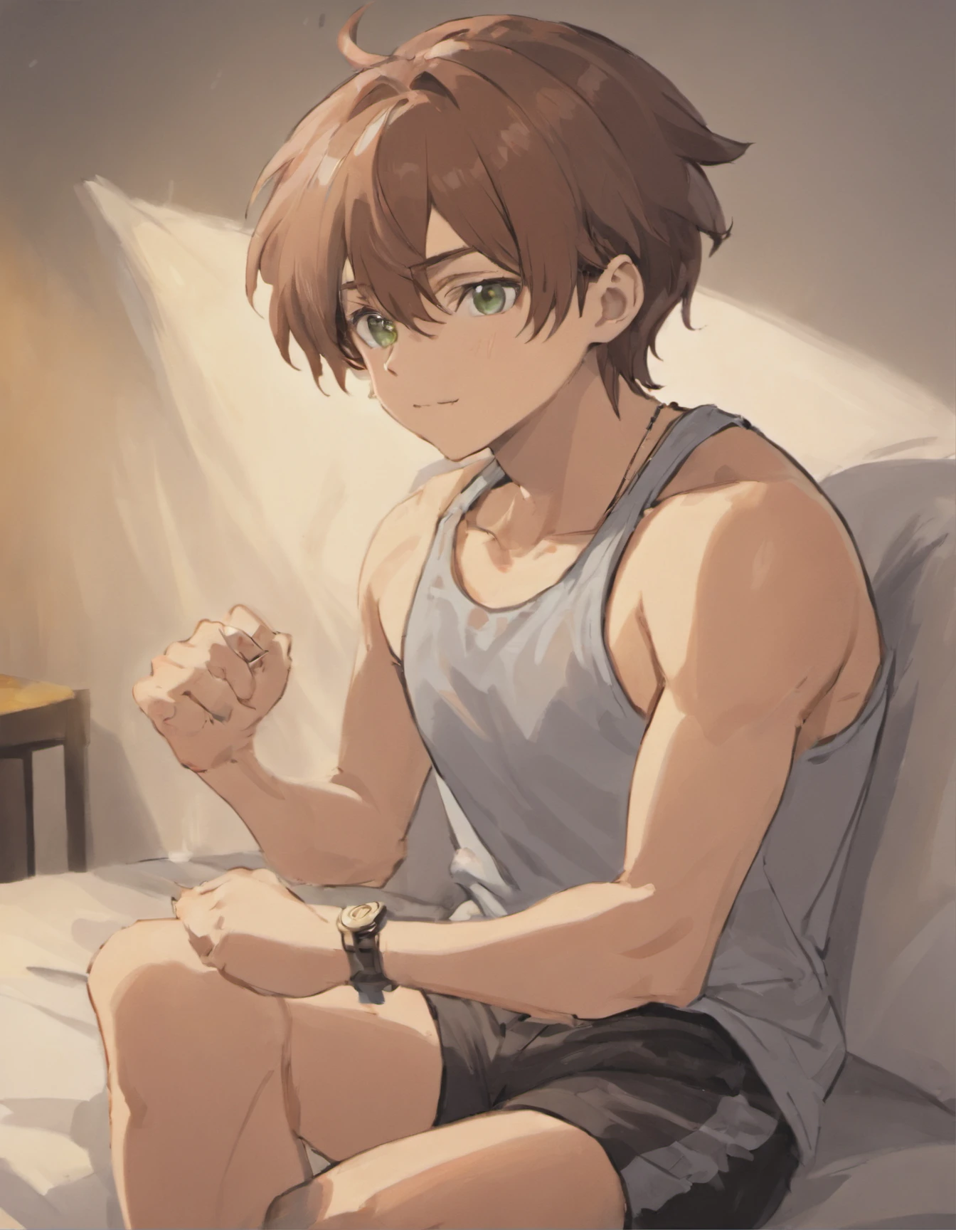 (masutepiece,Best Quality,Ultras_Detailed,hight resolution,absurderes),1boy, Male Focus, 20s with brown hair and green eyes. Medium tanned skin, a lot of freckles, Glasses. Fluffy dark brown hair, pierced ears. Strong appearance. Wear modern style clothes. at bedroom. Smile expression. masculine. A little frivolous. Wearing stud earrings, gray Tank top, and black sweatpants.