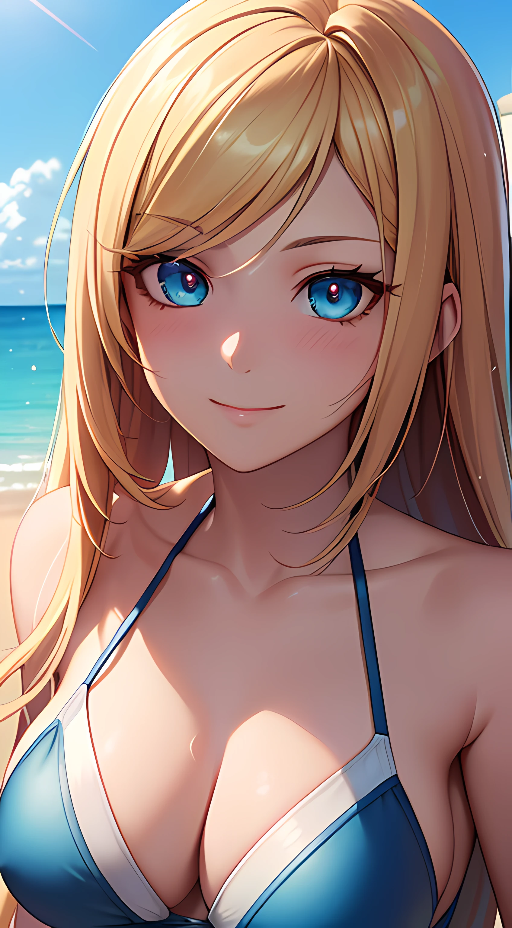 ((masterpiece, best quality, highres, UHD, perfect pixel, depth of field, 4k, RTX, HDR, extremely detailed)), 1girl, single, solo, 24 years old, beautiful anime girl, beautiful art style, anime character, smile, beautiful smile, ((long hair, parted bangs, colorful hair)), (colorful eyes:1.4, rounded eyes, beautiful eyelashes, realistic eyes, extremely detailed pupil), (detailed face, blushing:1.2), (smooth texture:0.75, realistic texture:0.65, photorealistic:1.2, cinematic, anime CG style), medium breasts, perfect body, busty, (dynamic angle, POV, close up), ((summer clothes)), beach, outdoor, crowd, ((summer, the wind blows)), (graceful, prestigious, glorious, elegant)