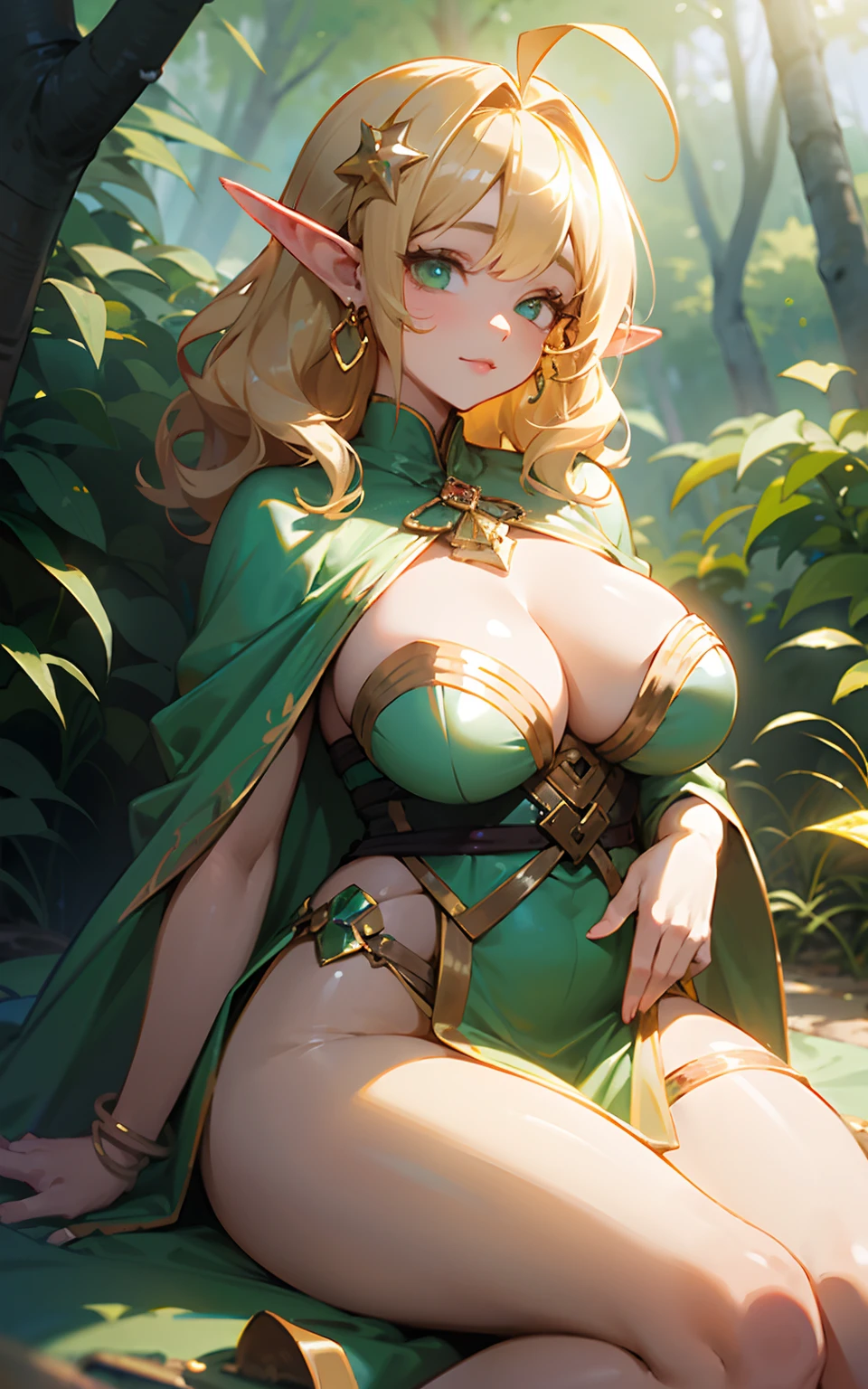 (Original Character、Unity 16K Wallpaper, masutepiece, Best Quality, Ultra-detailed, extremely details CG, Caustics, Cinematic lighting, Detailed, Beautiful detailed eyes, Solo、Oily skin), Ultra High Resolution, Fine skin, (elf, Plump), (strong lights)、((Brighten the subject))、Erotic cute elves、big breasts:1.4、Shiny valley、de pele branca、green colored eyes、Large sagging eyes、shiny lip、Blonde short wavy hair、Ahoge、Cute bangs 、Gold hair ornament、Crystal Earrings、Revealing green long dress、Gold Accessories、White cloak、Gold Accessories、Brown sandals、Holding a wand、in woods、