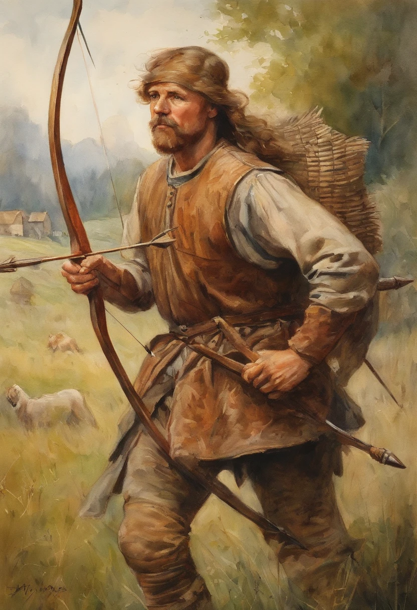Middle Ages style，English longbowmen，Armed with a bow and arrow，Draw a bow and shoot arrows，standing in grassy field，No horseback riding，
