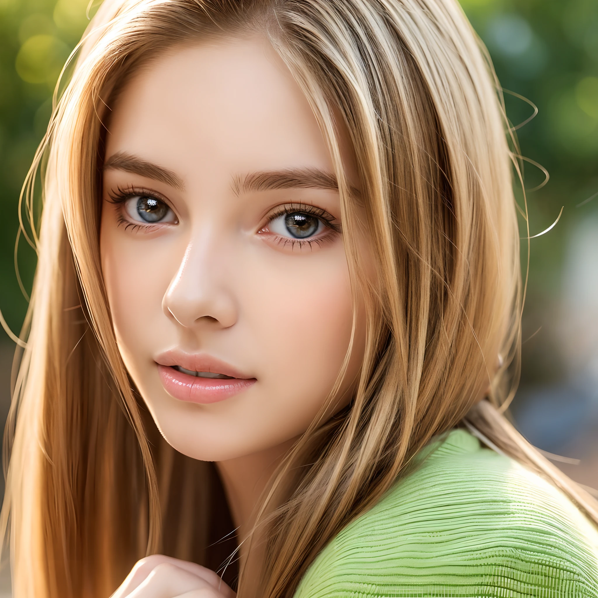Pretty innocent girl , realistic long blonde and brown beautiful hair realistic, realistic detailed skin, pretty realistic detailed face, detailed pretty hazel eyes , detailed lips , attractive and beautiful, most prettiest girl in the world, insanely gorgeous, slim waist with nice body, petite girl, highly detailed, ultra realistic , soft face features, wearing a Preppy outfit drinking fruit juice