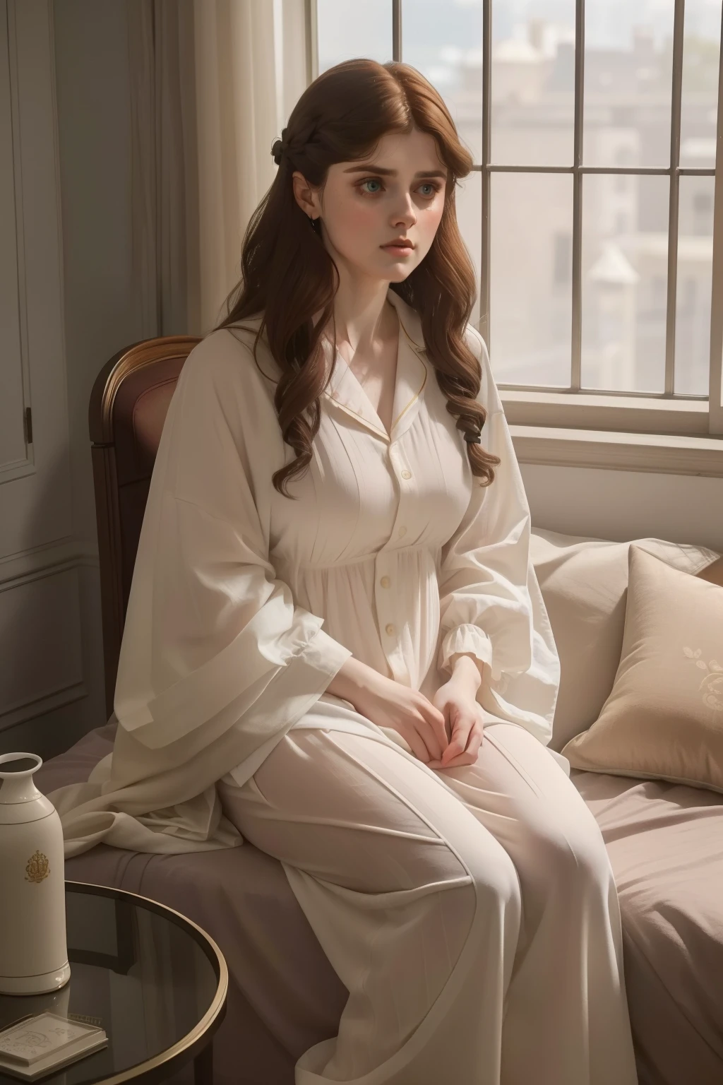 year: 2023. Location: England. Pre-Raphaelite scene with a 32-year-old Alexandra Daddario, hospital pyjammas, sad, crying, big tears, ((((Clothing from the 2020s)))) ((Hairstyle of the 2020s)), ((("OMITB" cinematography)))