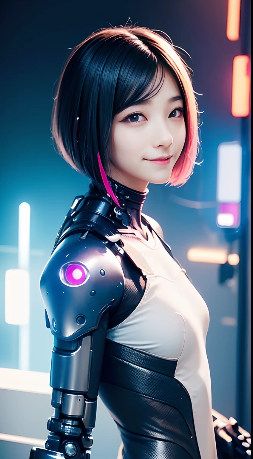 (masterpiece,top-quality,超A high resolution),A Japanese Lady, (((Very beautiful 12 year old girl))), Kawaii Girl、View photographer、Front view, ((Shorthair)), hyper cute face, Glossy lips, Double eyelids in both eyes,Smiling smile、 Natural makeup, long eyelashes, Glossy and smooth hair quality、central image, Perfect limbs, Perfect Anatomy,(((Revealing cyberpunk suit)))、((())),(()