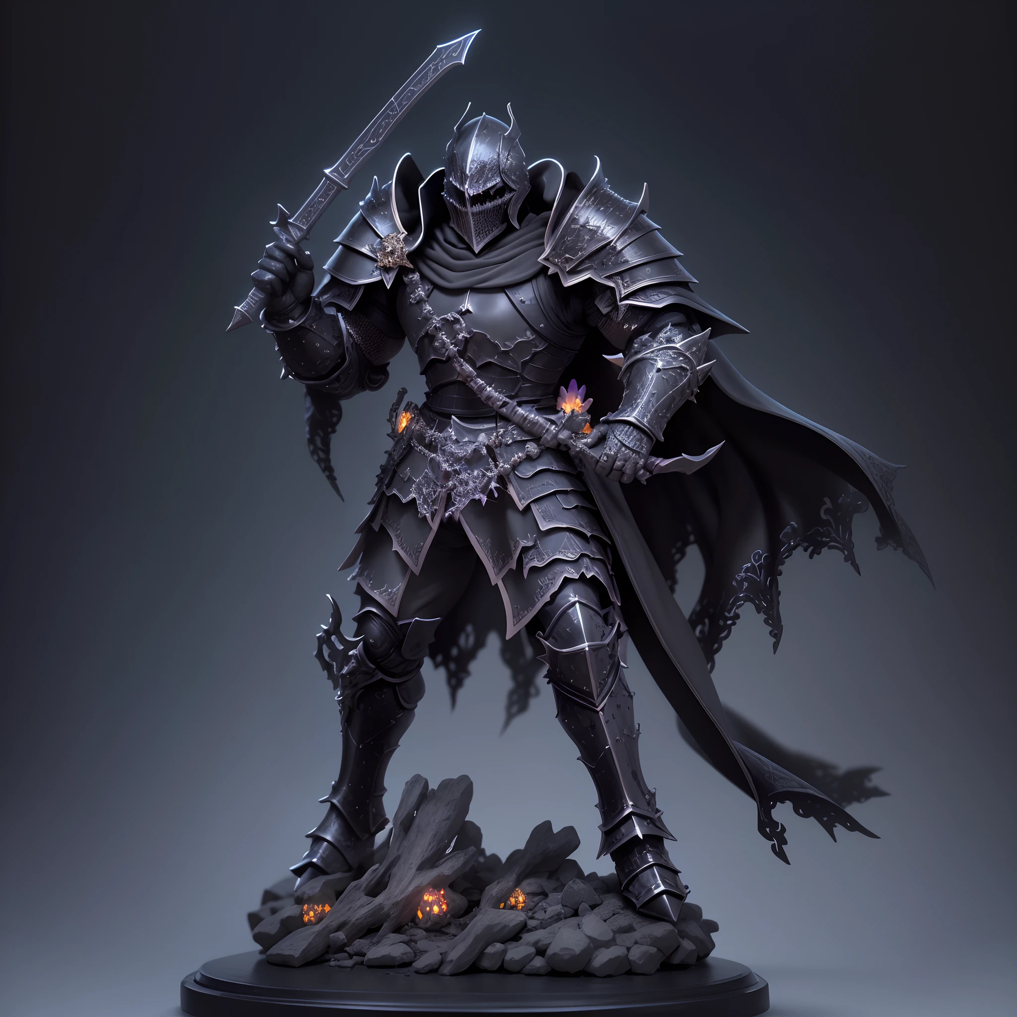 Collectible miniature, Black Necromancer Knight, Heavy, super-detailed armor, as a thumbnail for D&D, Professional macro photography in Lightbox, Uniform black background, Bright, high-contrast lighting, Collectible Necromancer Knight Figurine, in full height, All in the frame with the stand, spins on a stand, Catalog Demo Video, superdetail, is beautiful, Aesthetically pleasing, 4k