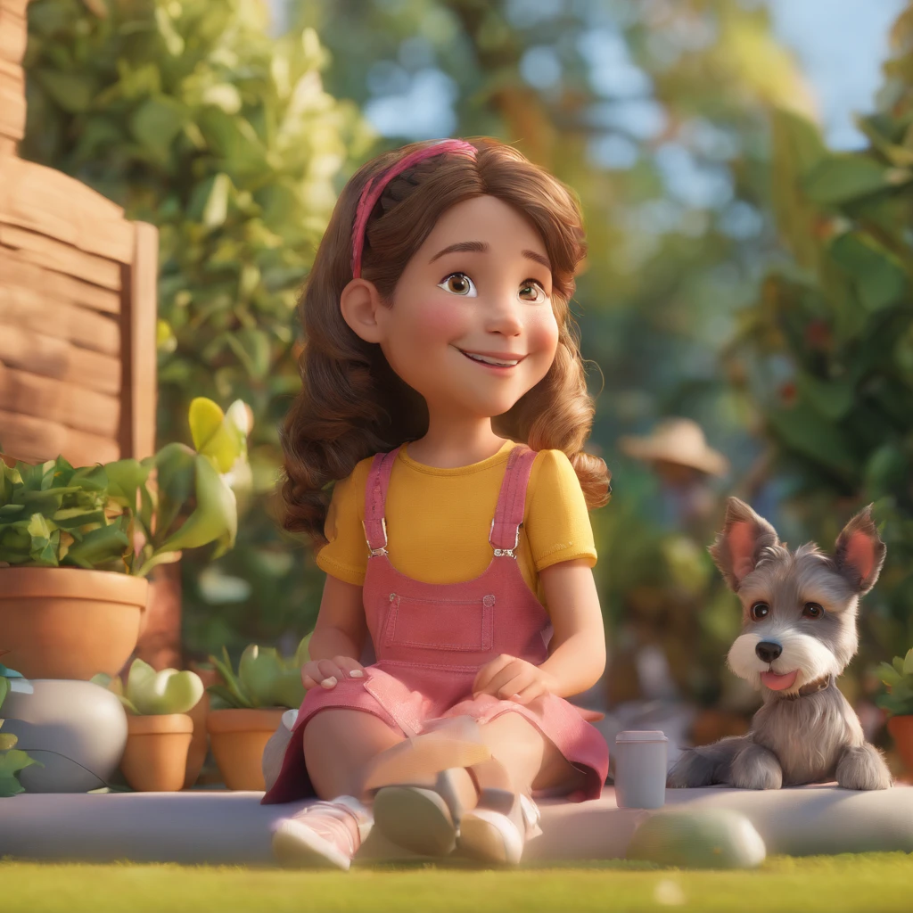 Ruth is a smiling 9 year old human girl, And her lovely friends, Short-legged blue cat, Lying in the garden