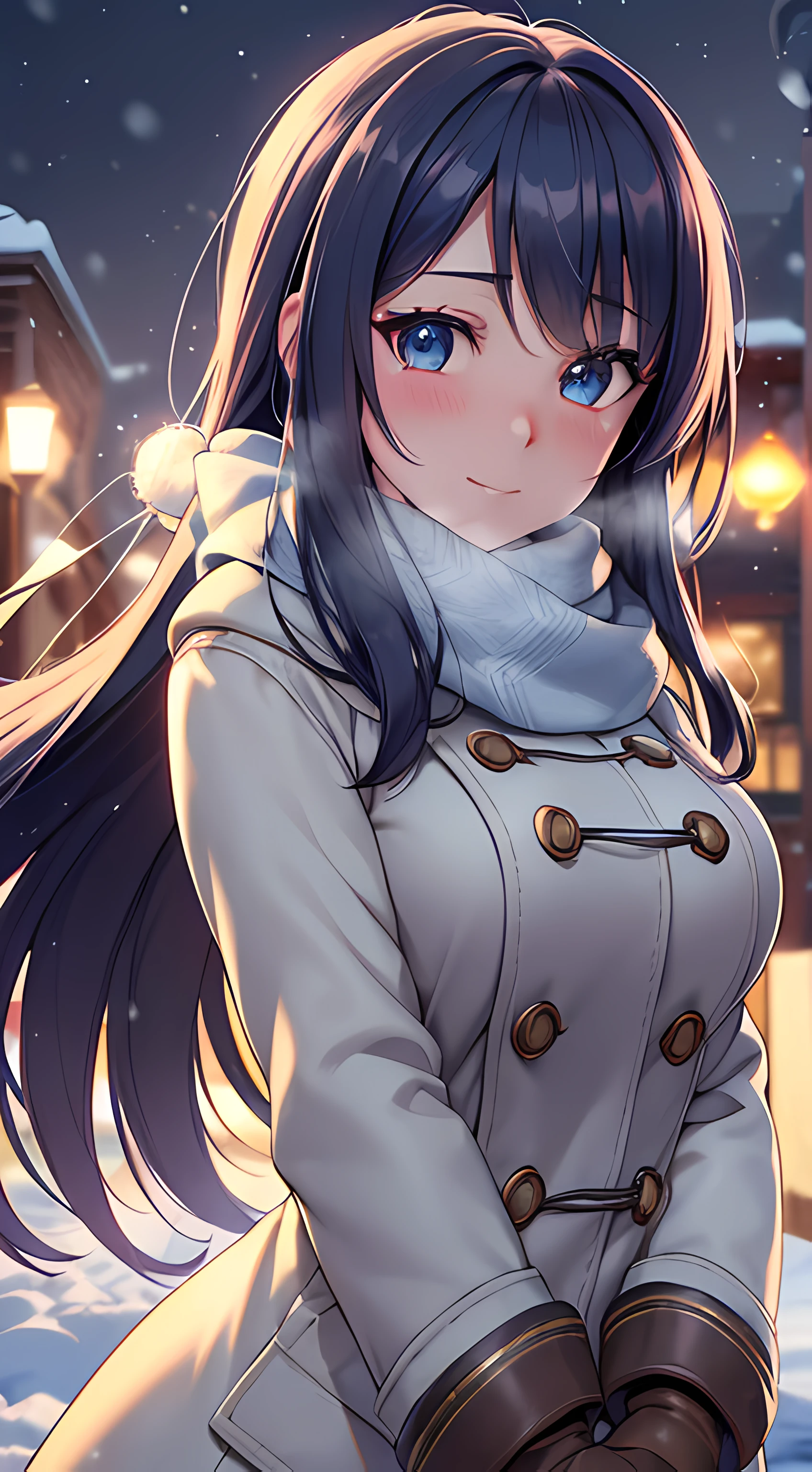 ((masterpiece, best quality, highres, UHD, perfect pixel, depth of field, 4k, RTX, HDR, extremely detailed)), 1girl, single, solo, 24 years old, beautiful anime girl, beautiful art style, anime character, smile, beautiful smile, ((long hair, parted bangs, colorful hair)), (colorful eyes:1.4, rounded eyes, beautiful eyelashes, realistic eyes, extremely detailed pupil), (detailed face, blushing:1.2), (smooth texture:0.75, realistic texture:0.65, photorealistic:1.2, cinematic, anime CG style), medium breasts, perfect body, busty, (dynamic angle, POV, close up), ((winter clothes, long coats, mittens, gloves, scarf)), night, city lights, bokeh:1.4, (outdoor, city buildings, crowd), ((winter, snowfall:1.8, the wind blows)), (graceful, prestigious, glorious, elegant)