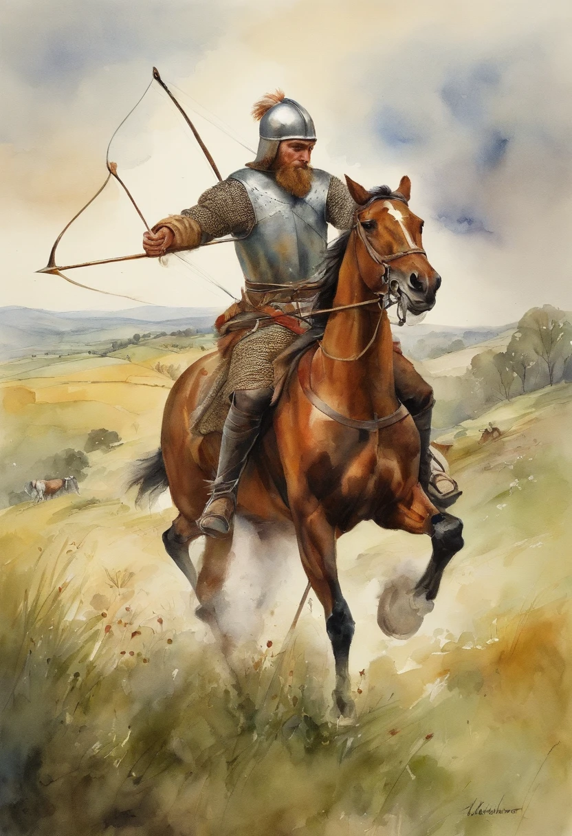 Middle Ages style,English longbowmen,Armed with a bow and arrow,Draw a bow and shoot arrows,standing in grassy field,Horseback riding is prohibited,