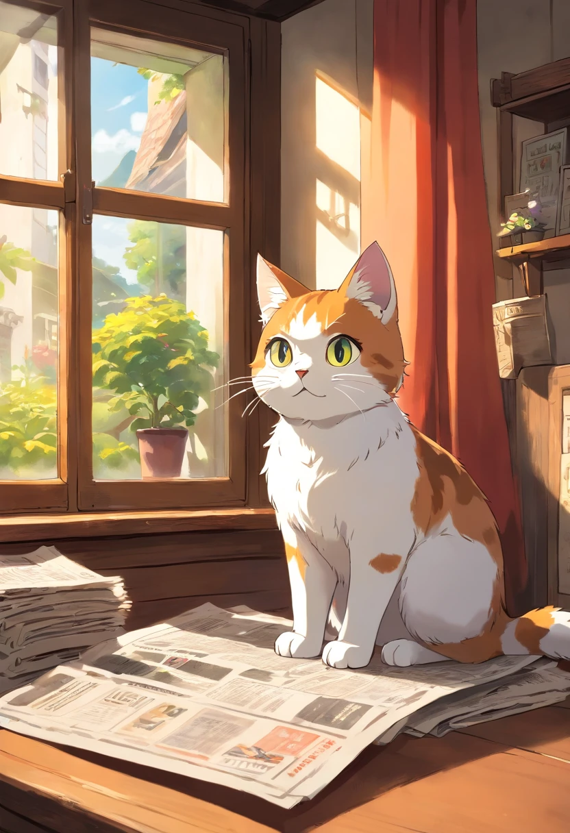 A round-eyed cute cat,Read the newspaper, Sunlight outside the window