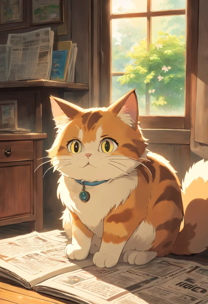 A round-eyed cute cat,Read the newspaper, Sunlight outside the window