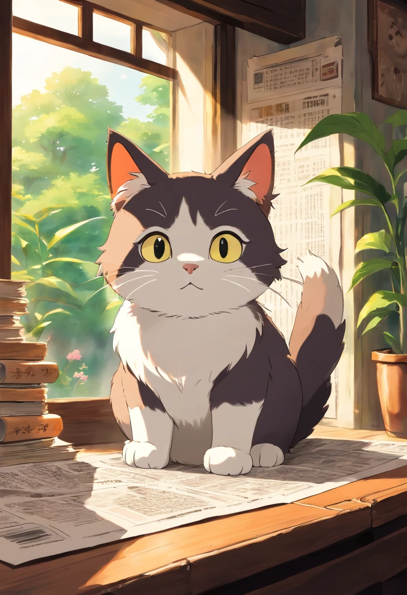 A round-eyed cute cat,Read the newspaper, Sunlight outside the window