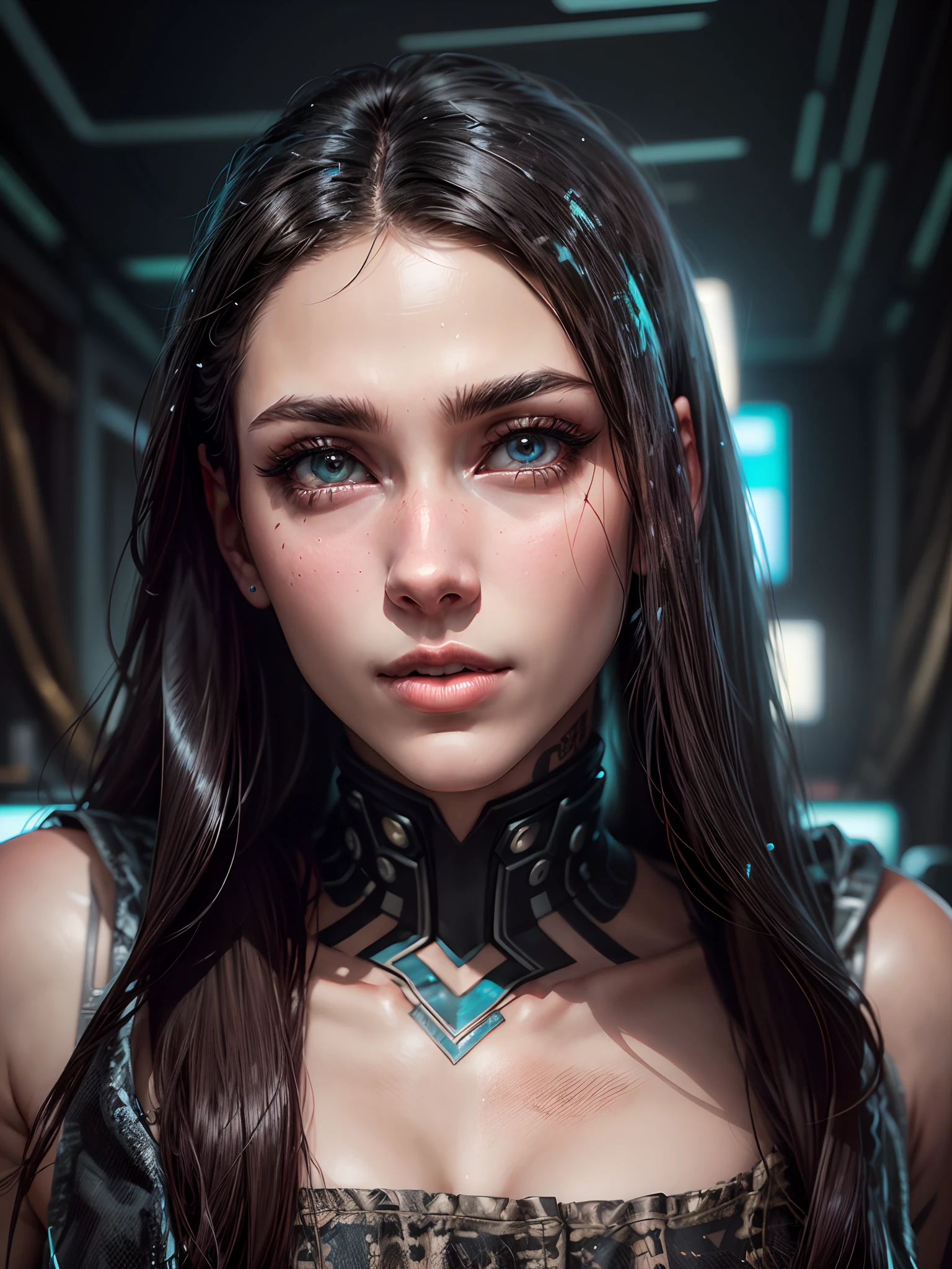 (Cyberpunk handsome girl realistic face:1) , tattoo on her skin:1 , cyber style skin:0.5 , ( looking at camera ) , fit face , black and shiny hair , a room in a future as a BG