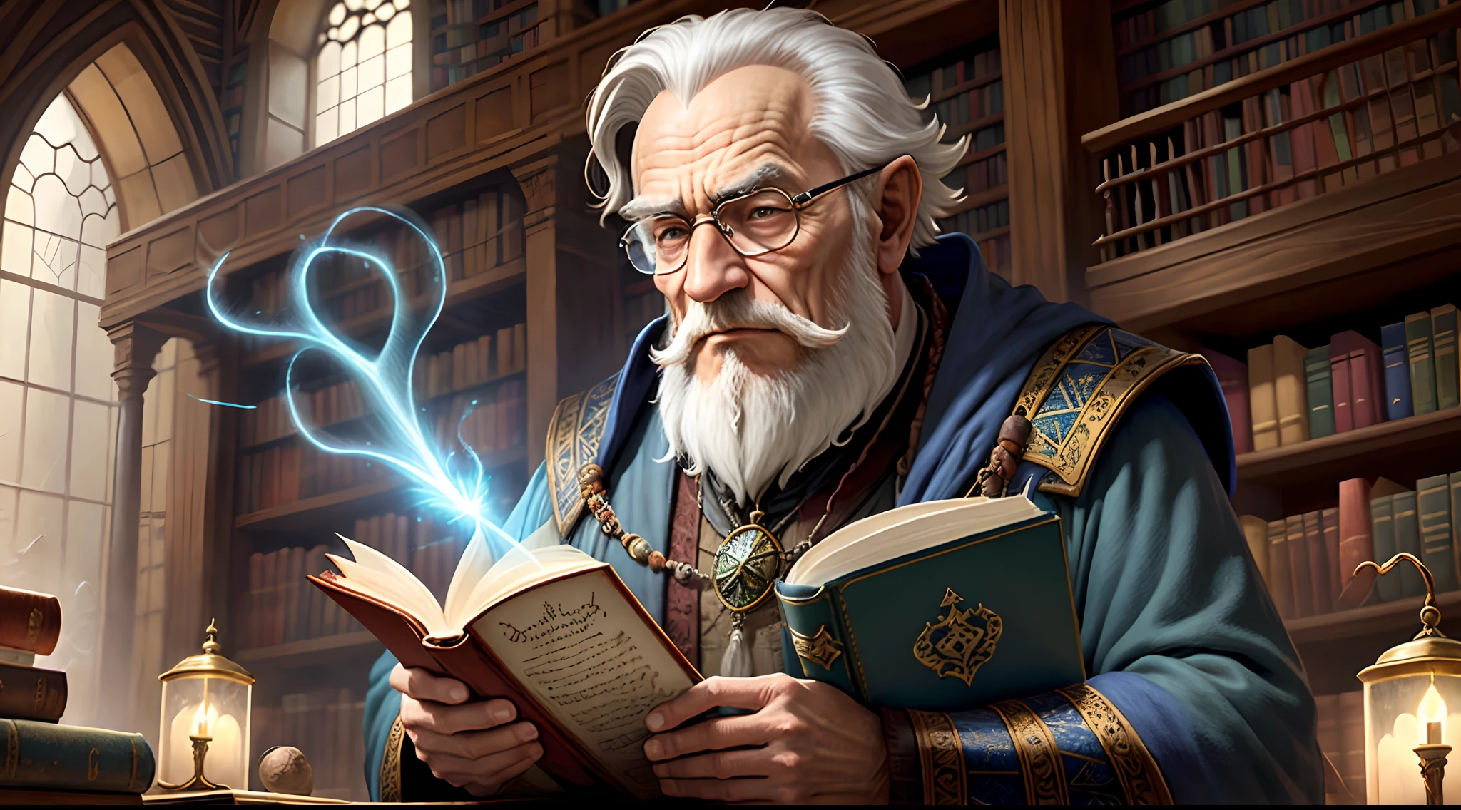 Medieval imangem, fantasy, old man wizard working writing a magical book in a library with a lot of technology and extreme realism,