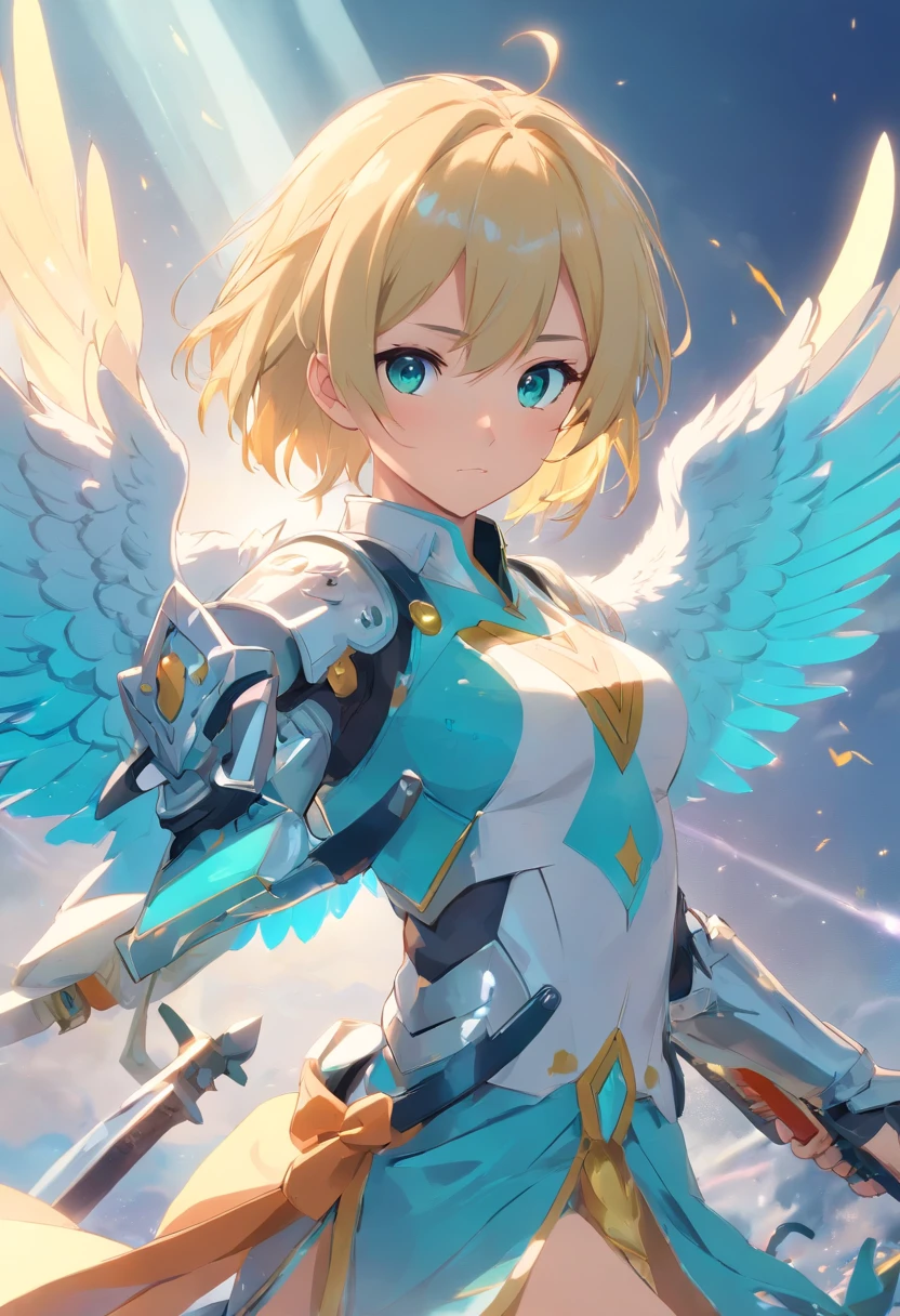 angelicales,s girl,blond hairbl,Turquoise pupils,Six-winged angel,high and cold,big breasts beautiful,divino,dignified,Royal sister,with a round face,holding a large sword,Metal armor,chies