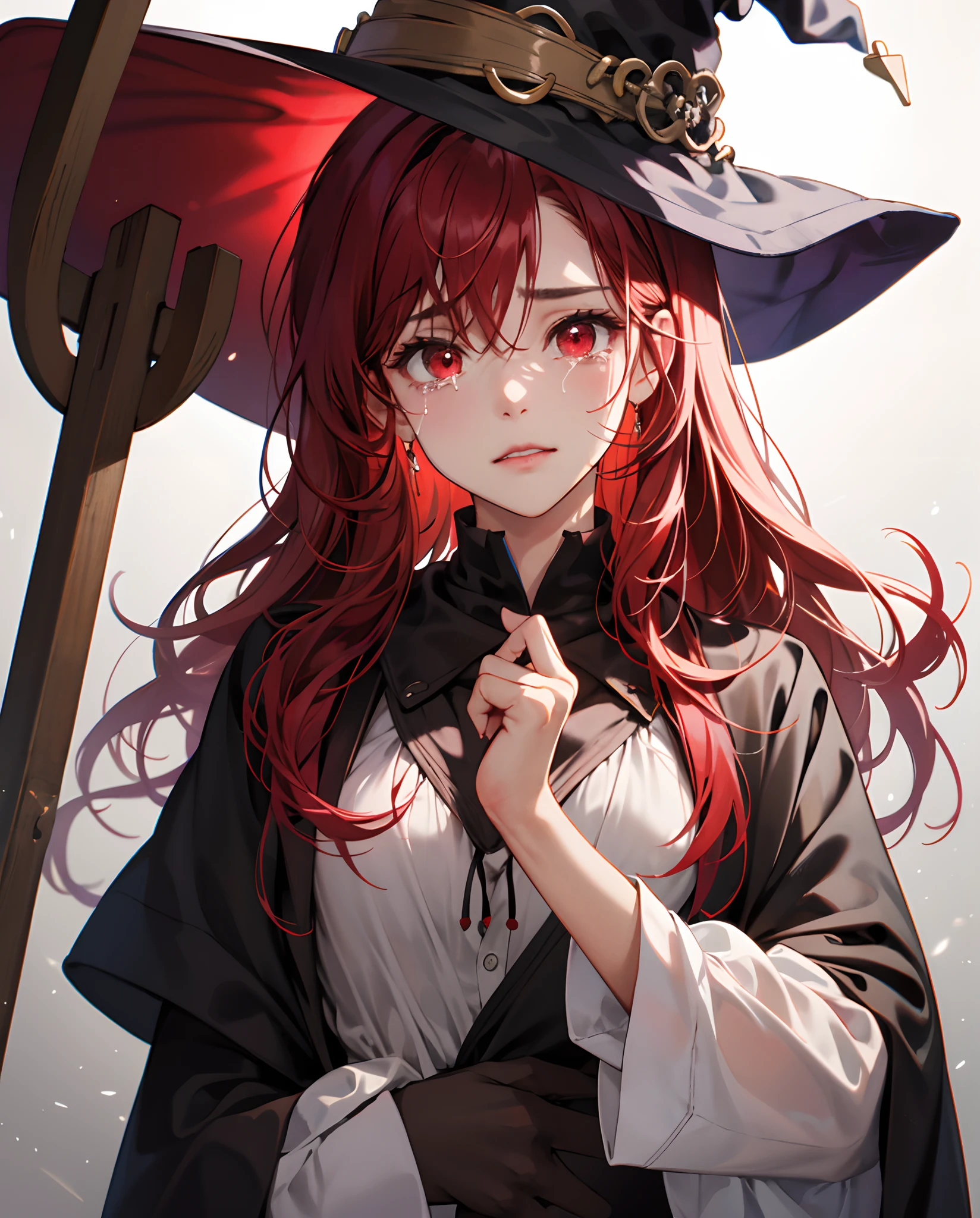A girl crying with red hair and red eyes and a hat like a witch