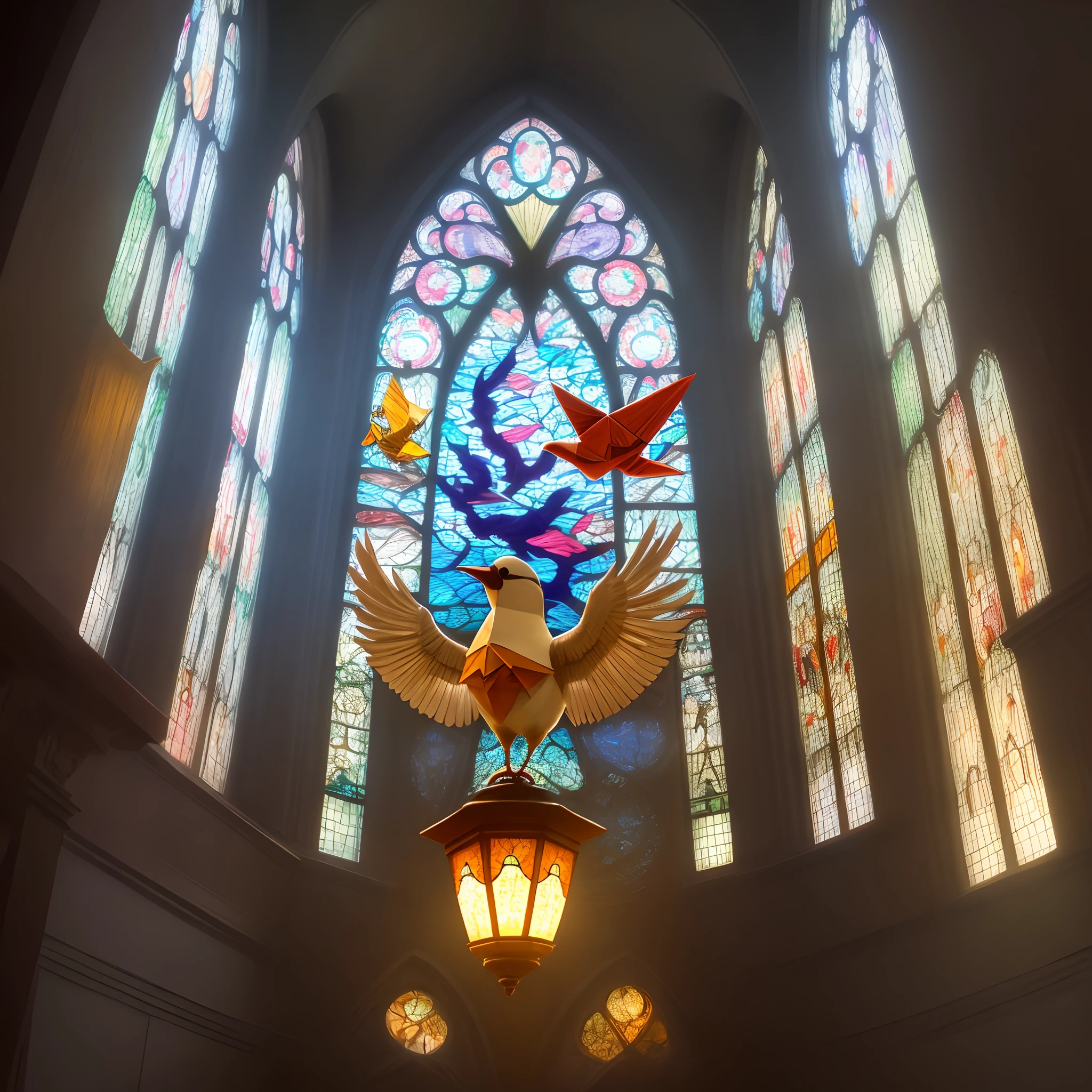 Stained glass light underneath origami bird