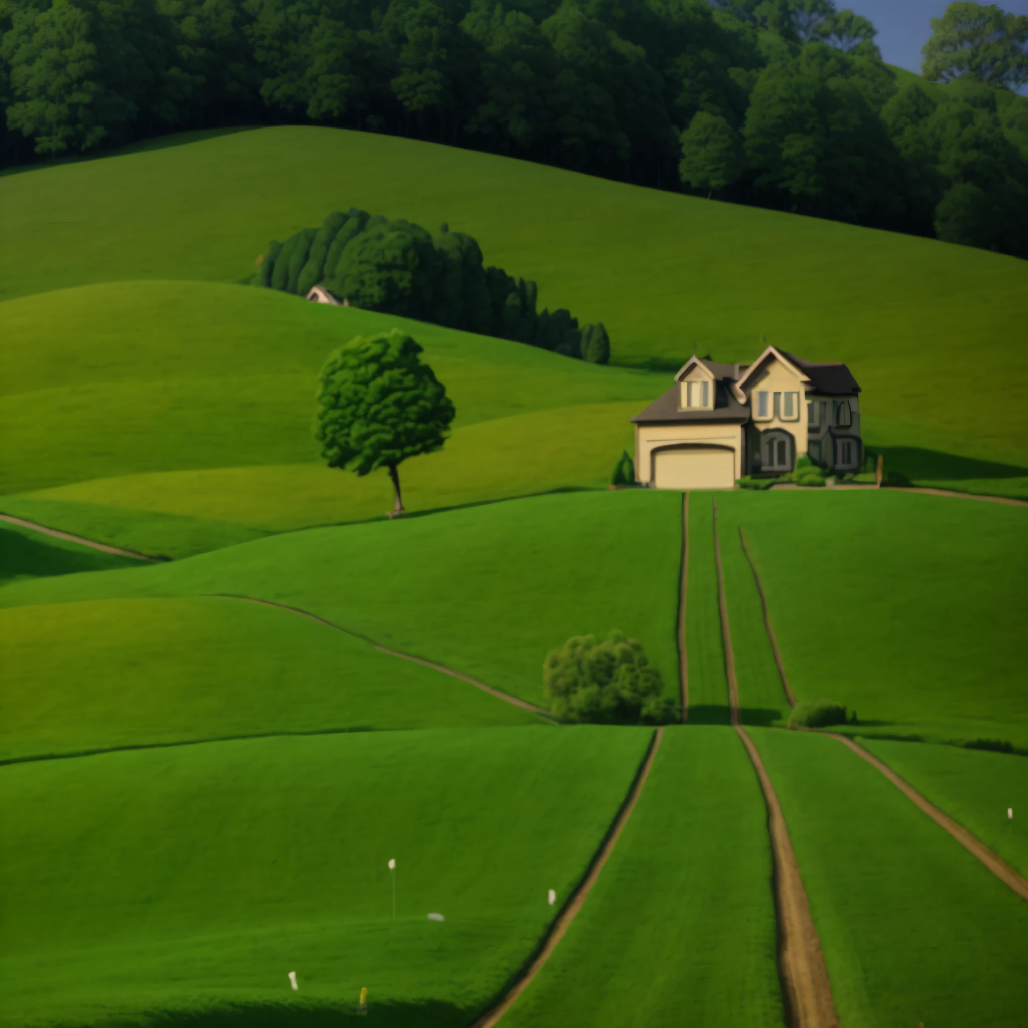 There is a photo of a house on the hill，There is a way to go, peaceful suburban scene, house on a hill, house and road, fundo de casa, house on background, Van Orsburg, ( ( ( Grant Wood ) ) ), hyper realisitc, magic realism matte painting, in a scenic background, windows xp bliss wallpaper, windows xp background, Countryside