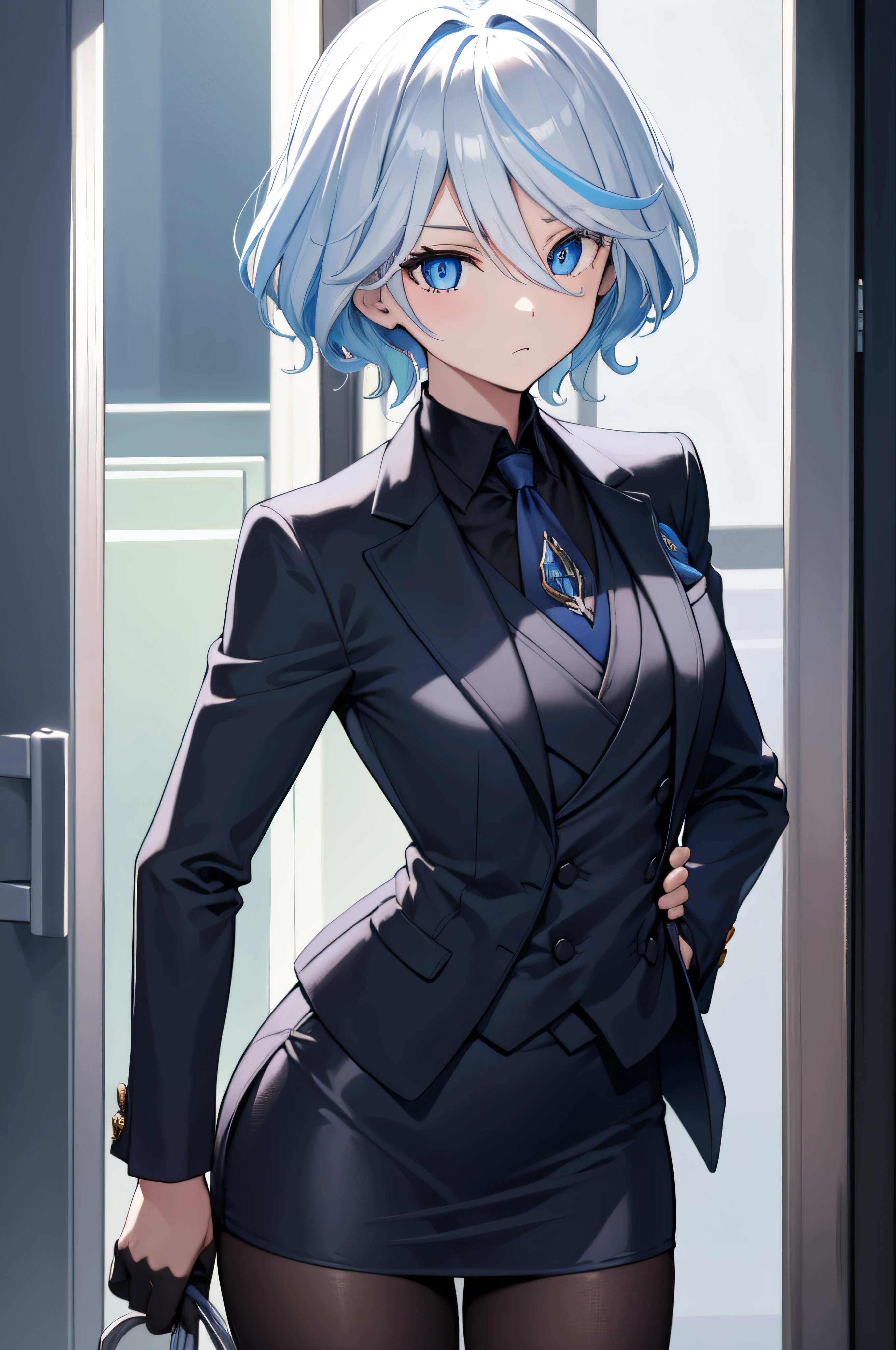 furina, furina, blue eyes, blue hair, cowlick, ahoge, hair over one eye, light blue hair, short hair,
BREAK asymmetrical gloves, black gloves, blue skirt suit, (((three-piece suit))), (((necktie))), dark dress shirt, shirt collar, blazer, (((suit jacket))), (((white waistcoat))), double-breasted waistcoat, bodycon miniskirt, pencil skirt,
BREAK looking at viewer,
BREAK indoors,
BREAK (masterpiece:1.2), best quality, high resolution, unity 8k wallpaper, (illustration:0.8), (beautiful detailed eyes:1.6), extremely detailed face, perfect lighting, extremely detailed CG, (perfect hands, perfect anatomy),