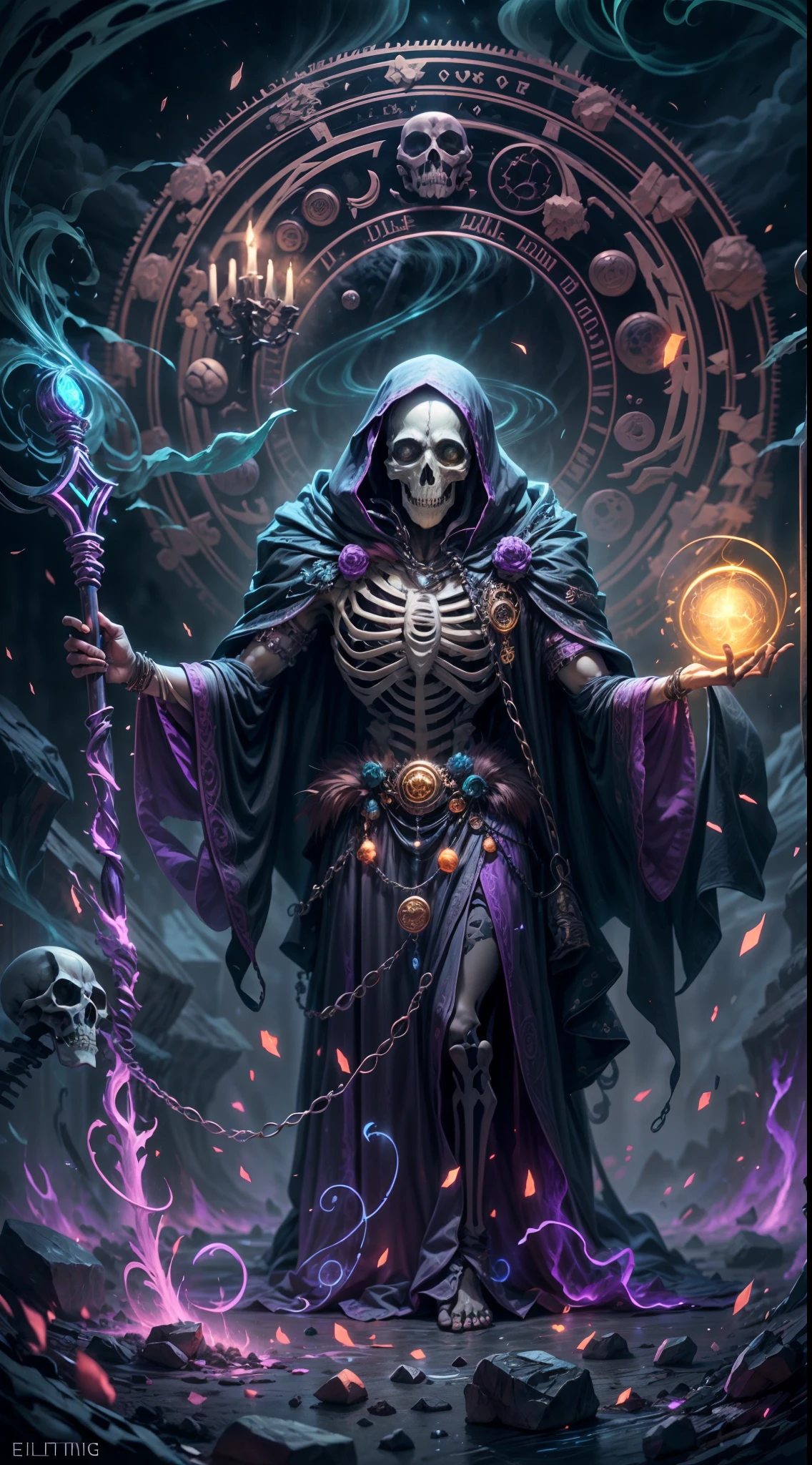 a person in an indigo robe with a mask, attacked the old man mage dressed in purple from behind until he fell, use magic power, white and purple light particles, background The burial of ancient warriors, dozens of skulls on the grave, alcheamy, mystical atmosphere, very detail, hyperrealistic, Ultra realism, perpfect detail. hyper realistic, 4k, ALREADY. ultra detail, Hyper maximalism, fantasy, smoke and full moon at night