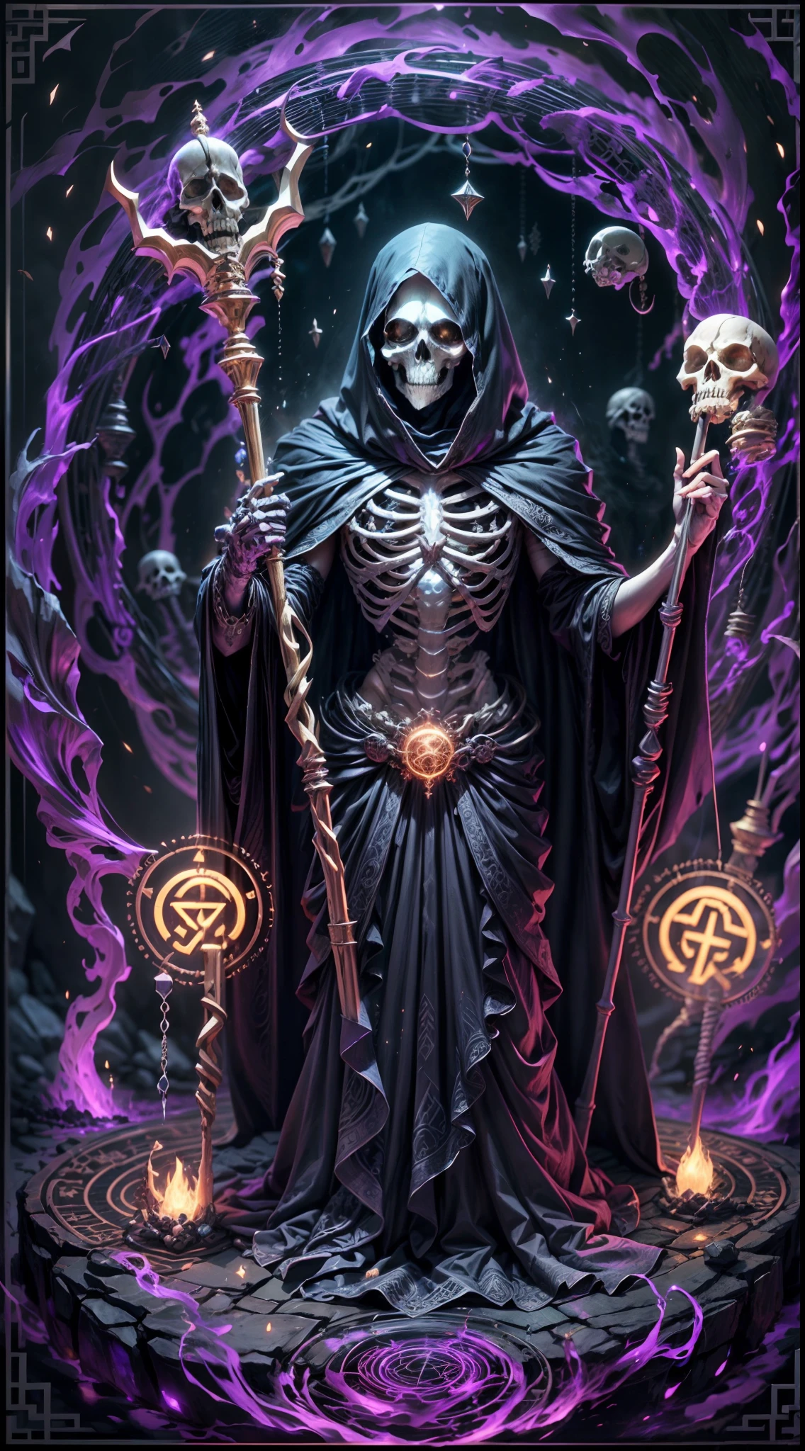 a dark runic skeleton lich, black gold skeleton, magical void energy, glowing eyes,holding a long staff with two skelly hand, casting a spell, energy cracking, dressed in a luxury cloak, astral skulls floating around, earth and rock floating with energy as the lich hold, Detailed glowing runic line floating around, bones and skulls lays on the ground, dark purple energy, floating in the air, energy chain, magic circle on the ground, super intricate detail