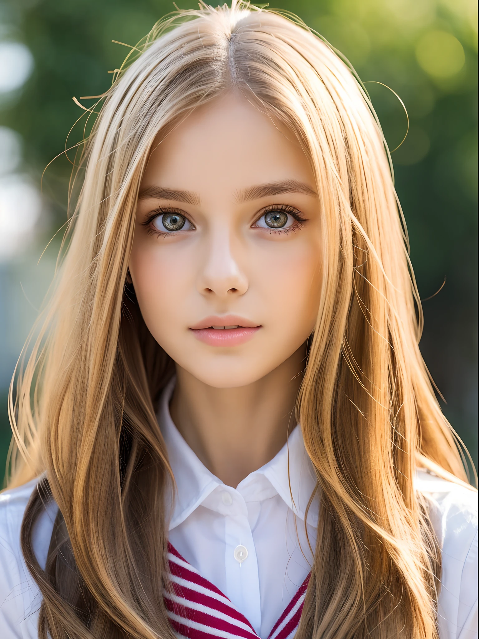 Pretty innocent girl , realistic long blonde and brown beautiful hair realistic, realistic detailed skin, pretty realistic detailed face, detailed pretty hazel eyes , detailed lips , attractive and beautiful, most prettiest girl in the world, insanely gorgeous, slim waist with nice body, ite girl, highly detailed, ultra realistic , soft face features, wearing a Preppy school outfit