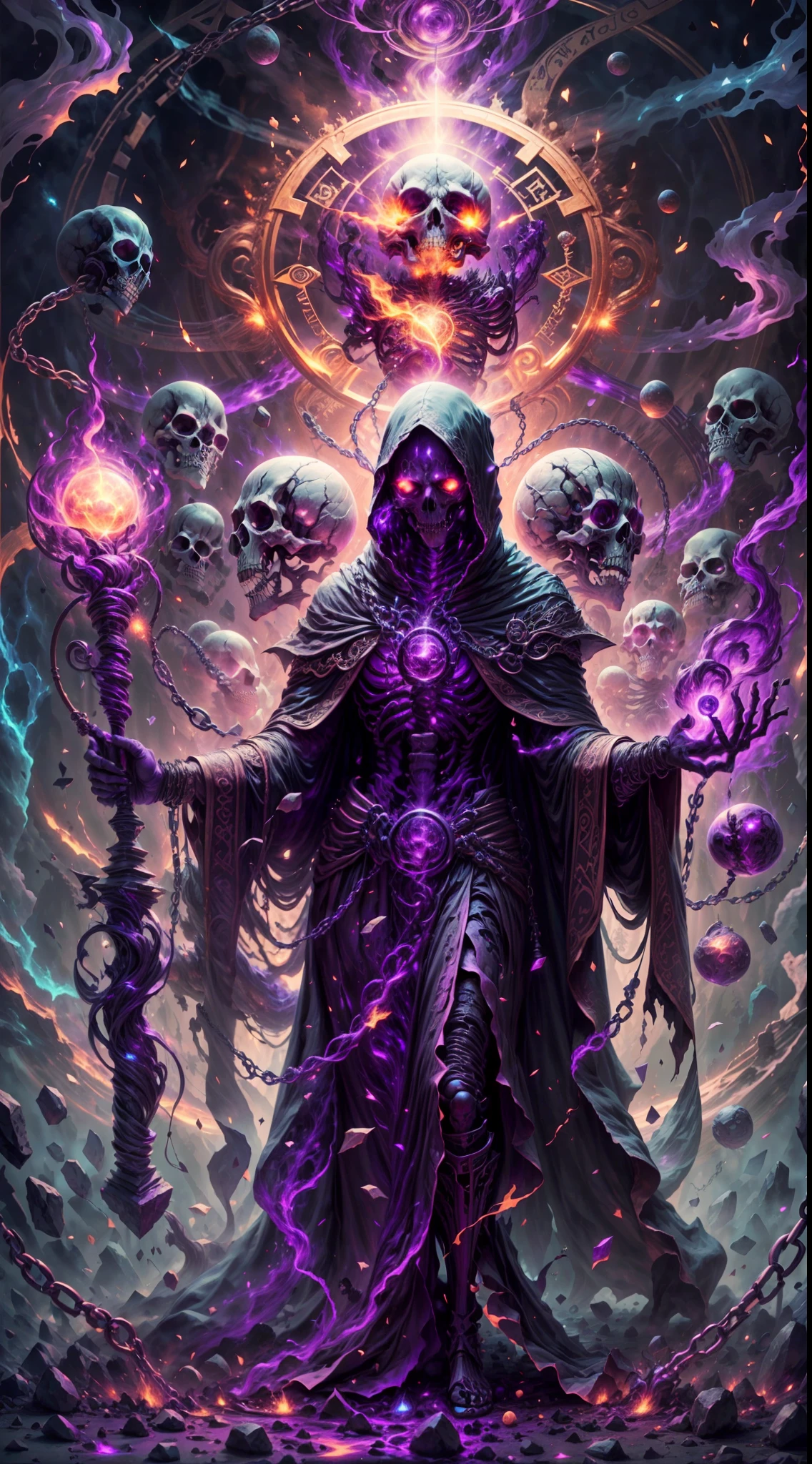 a dark runic skeleton lich, black gold skeleton, magical void energy, glowing eyes,holding a long staff with two skelly hand, casting a spell, energy cracking, dressed in a luxury cloak, astral skulls floating around, earth and rock floating with energy as the lich hold, Detailed glowing runic line floating around, bones and skulls lays on the ground, dark purple energy, floating in the air, energy chain, magic circle on the ground, super intricate detail
