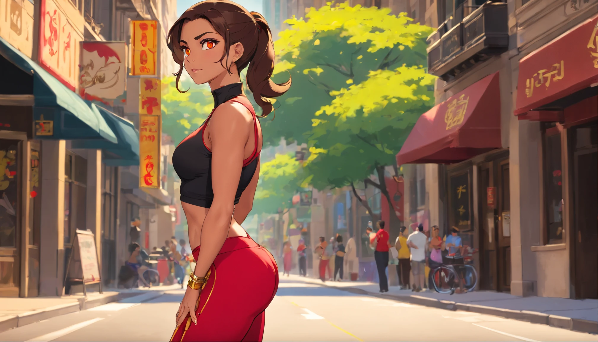 Arab woman in black top and red pants, Yellow eyes, pony tail, on a street in Chicago, Cropped shirt and sturdy abs, full-body-shot, Dress in red gold and black, Fitness model, gorgeous female, athletic fashion photography, full body close-up shot, Portrait of modern Darna, fit curvy physique, Red and gold, Natasha Tan, profile image, a gold & Red, Woman in black top and red pants on Chicago street, portrait by Natasha Tan, trending on cg society, arabesque, Cropped shirt and sturdy abs, full-body-shot, Dress in red gold and black, Fitness model, gorgeous female, full body close-up shot, athletic fashion photography, Portrait of modern Darna, fit curvy physique, Female genie, Female Djinn, Masterpiece
