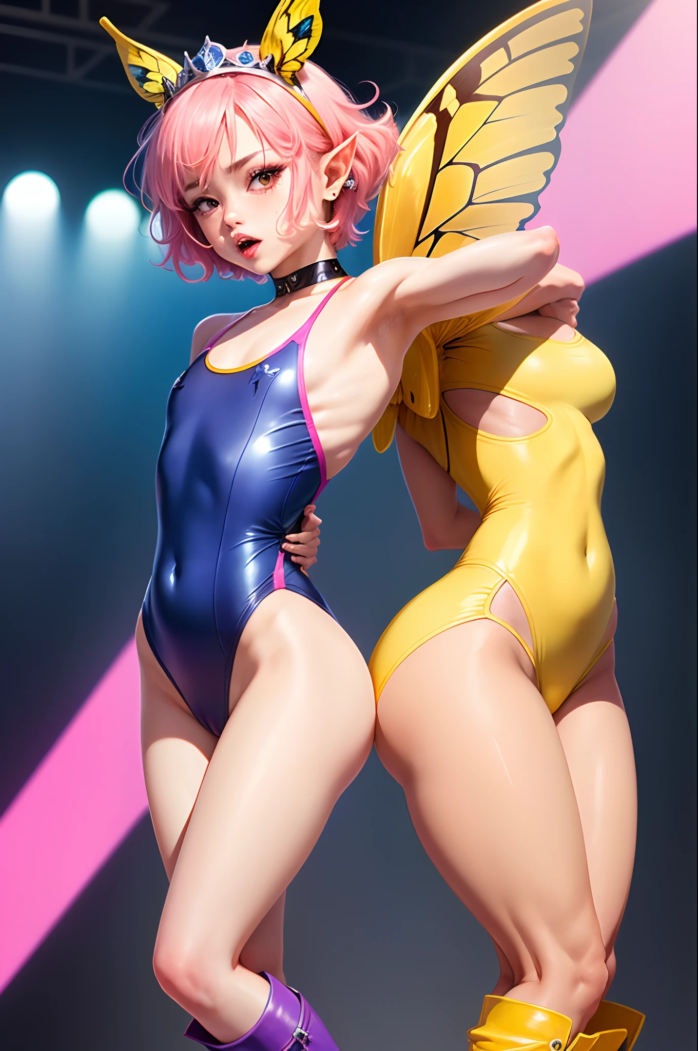 32-bit, flat chest, femboy, small, yellow skin, pink hair, blue boots and arms, purple and yellow butterfly wings, pointy ears and small pointy nose, small pink dress, pink lipstick, blue and yellow tiara, and blue one piece swimsuit.