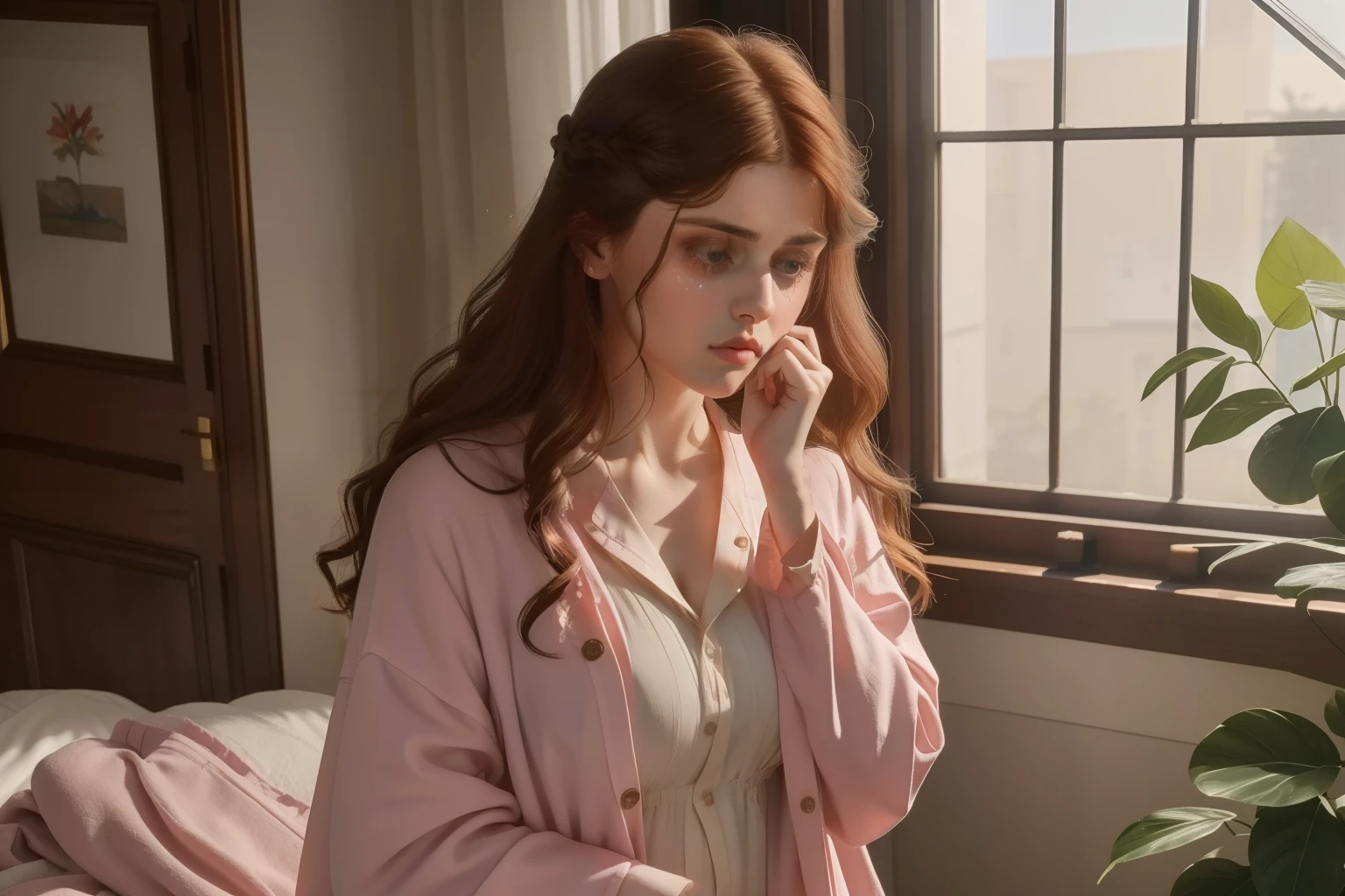 year: 2023. Location: England. Pre-Raphaelite scene with a 32-year-old Alexandra Daddario, hospital pyjammas, sad, crying, ((big tears)), ((((Clothing from the 2020s)))) ((Hairstyle of the 2020s)), ((("OMITB" cinematography)))