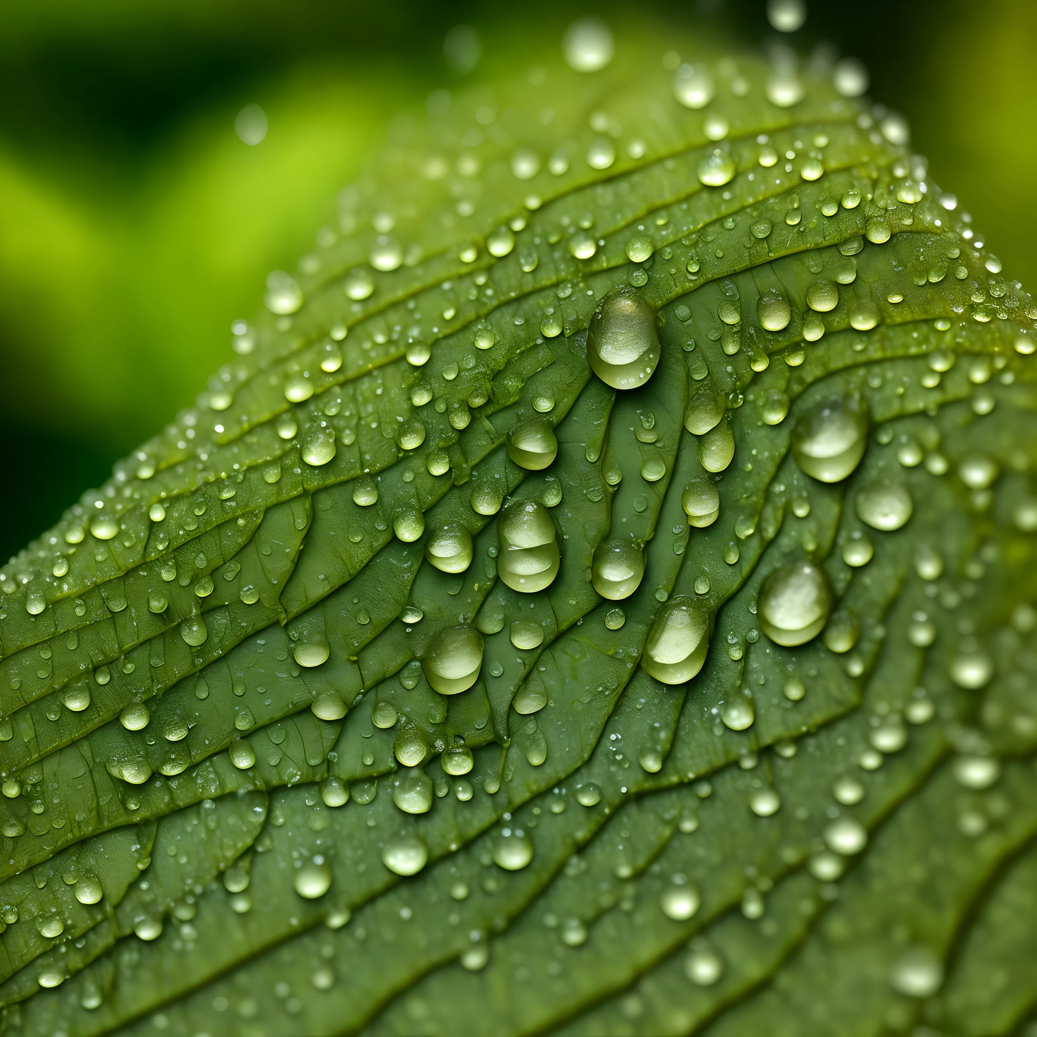 Macro photography of a green leaf, water drops on it, ultra HD clear, highly detailed, many manimulistic, masterpiece, 4k