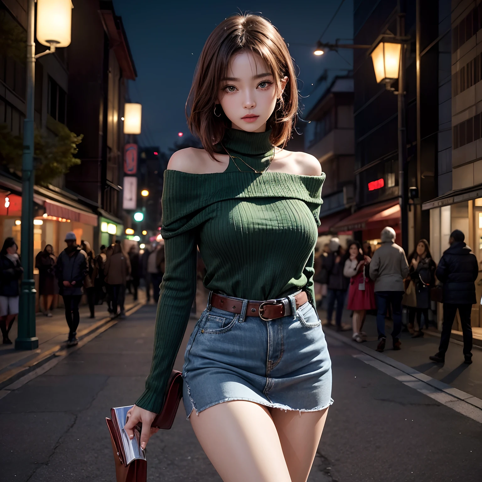(masutepiece:1.3, Photorealsitic:1.4, 8K), top-quality, masterpiece, 超A high resolution, Perfect dynamic composition, Highly detailed skin and facial texture:1.3, A detailed eye, Detailed limbs, Street corner on an autumn night:1.1, 1girl in, Cute sexy 19 year old tall Japan woman, Fair skin, tilt the neck, (Enraptured look:1.1, Furiously tempts you:0.9), (Wearing an emerald green off-the-shoulder long sweater:1.1), (Huge chest on the verge of bursting:1.05), cleavage:0.6, ((Beautiful blue eyes, Eyes that feel beautiful eros:0.85)), a belt, Denim tight skirt, Brown Long Boots, (Beautiful legs, M-shaped legs), Sexy face:0.4, red blush:1.1, ((A mouthfeel that feels beautiful eros:0.85)), ((Too erotic:0.9)), Silver necklace