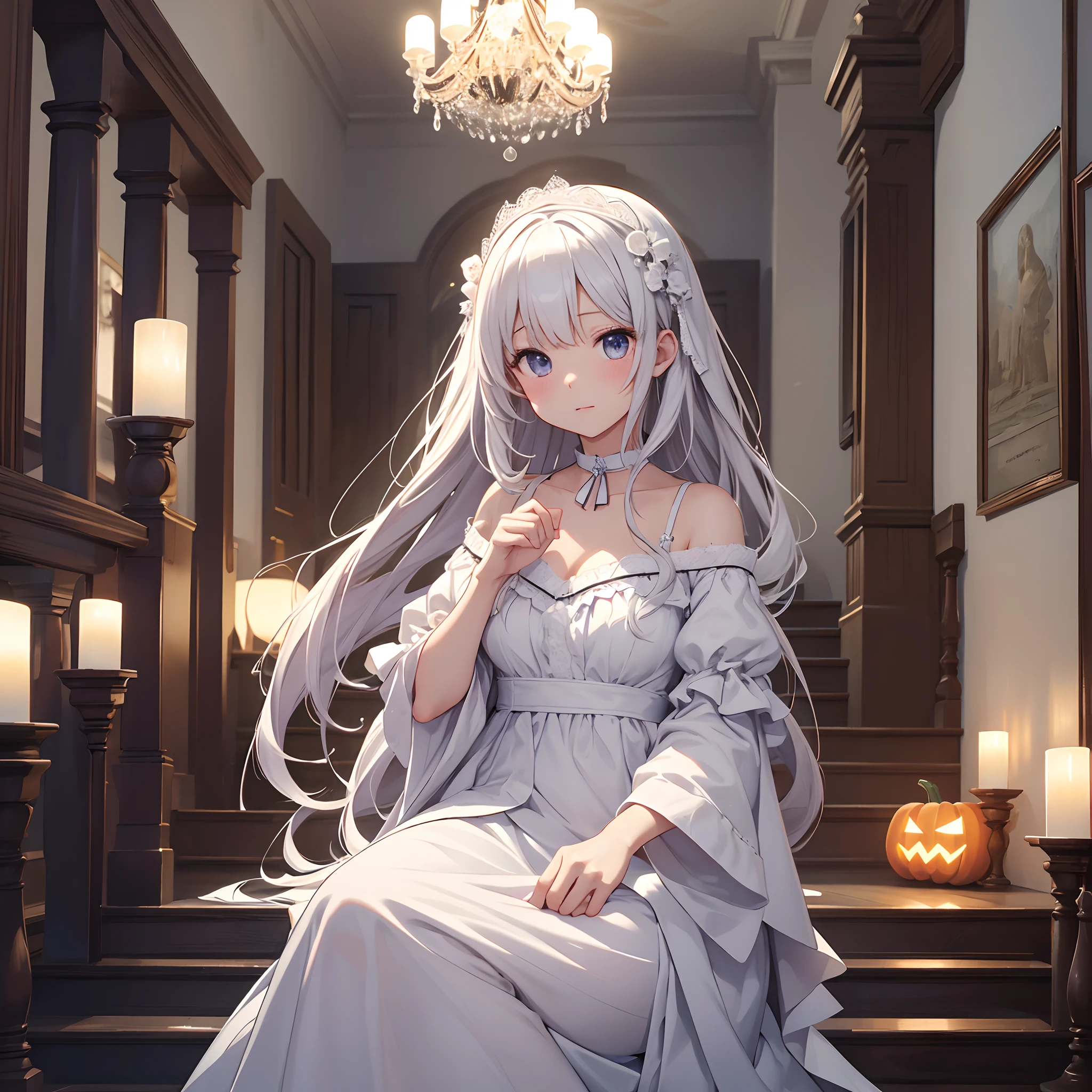 Professional animation quality、​masterpiece、hightquality、Saturation coloring、2D、独奏、Kawaii Girl、with round face、Marume、Stagnant air、Light air、Darken the surroundings、pleasing face、Cute neck choker in white、Realistic fabric style、Holy garments、Saint Apprentice、Days to failure々、Halloween Party、horor、Saint's Mansion、Old-fashioned staircase、White chandelier、Shining Image、White Fantasy、House of Paradise、